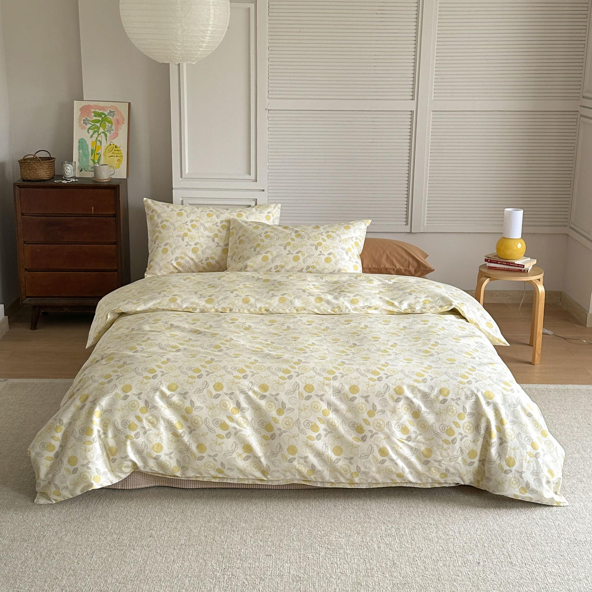 Aojim Pure Cotton Duvet Cover Set With Cute Pattern Design, Soft Comfy Yellow Lemon Comforter Cover Set 3Pcs, 1 Reversible Quilt