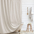 Extra Long Boho Farmhouse Shower Curtain Beige Woven Fabric Cute Shower Curtain, 72 x 78 Tufted Pleat Floral Puffs Textured Mode