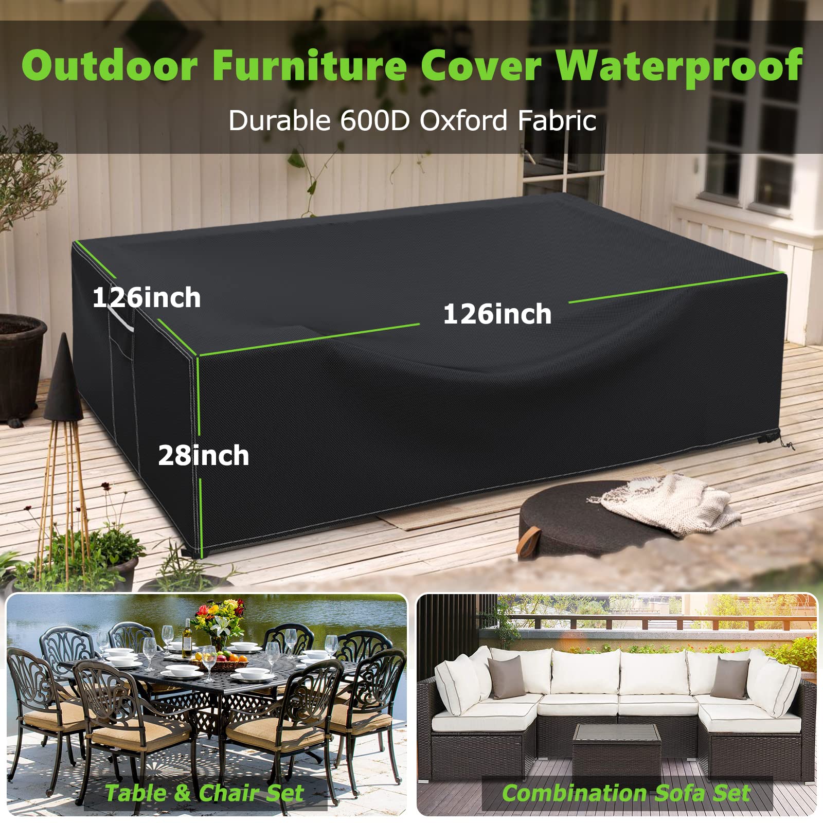 Hightquro Patio Furniture Covers Waterproof, 600D Outdoor Furniture Covers Waterproof, Square Outdoor Sectional Sofa Set Covers, Extra Large Patio Covers For Outdoor Furniture, 126'X126'X28'-Black