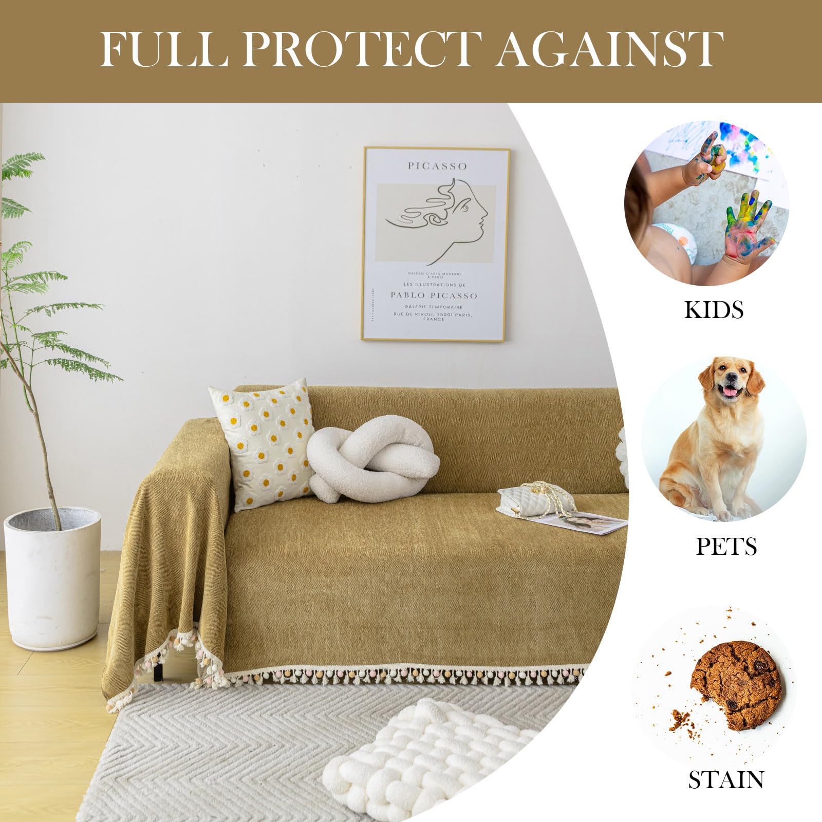 Handontime Boho Mustard Yellow Sofa Cover For Dogs Couch Throw Cover Brown Dog Couch Covers With Tassel Pet Couch Protector Chenille Sofa Slip Cover Armless Sofa Cover, 71' X134'