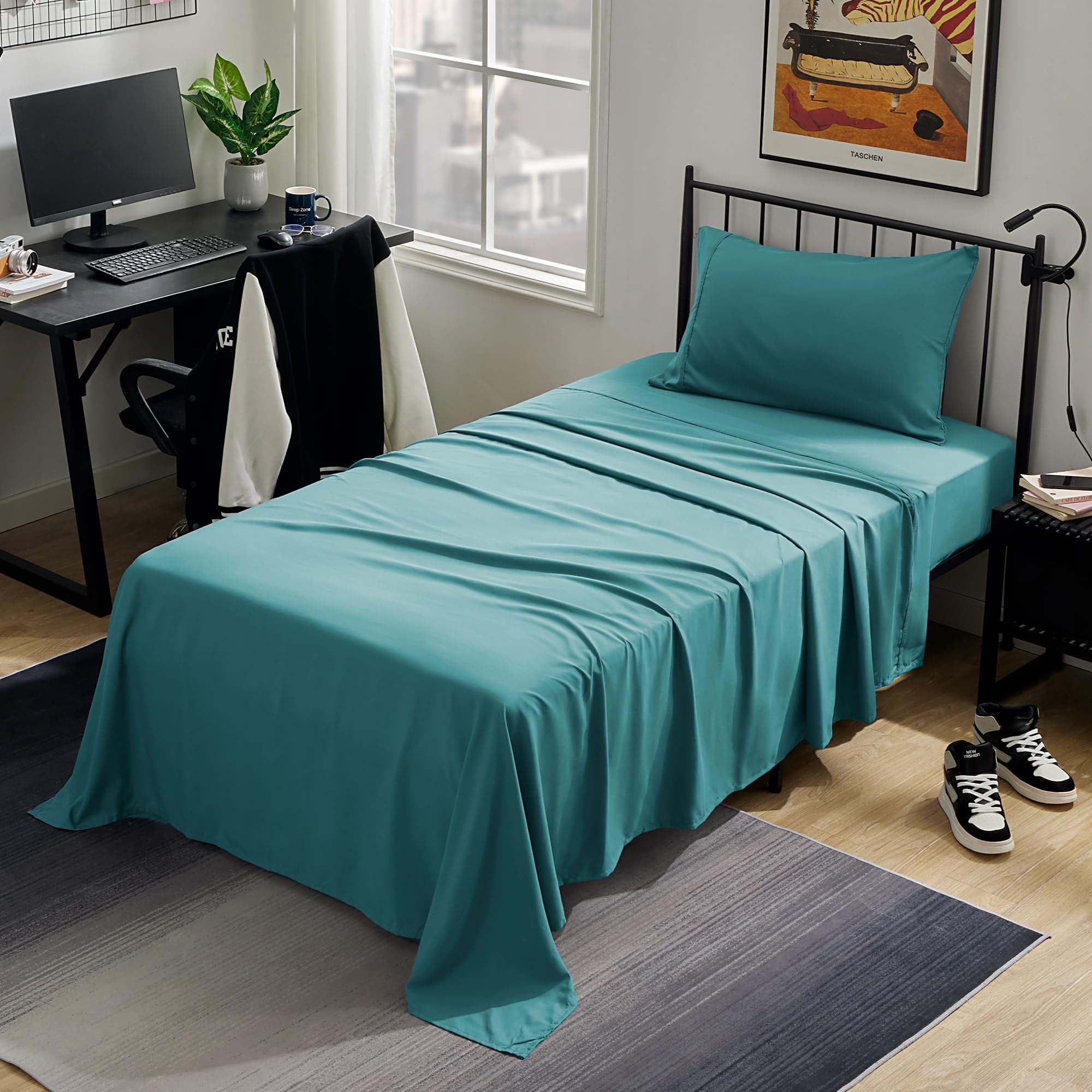 Sleep Zone Nanotex Super Soft Cooling Twin Bed Sheets Set For Kids 3 Piece - Easy Care Fitted Flat Sheet & Pillowcase Sets - Wrinkle Free, Fade Resistant, Deep Pocket 16' (Teal, Twin)