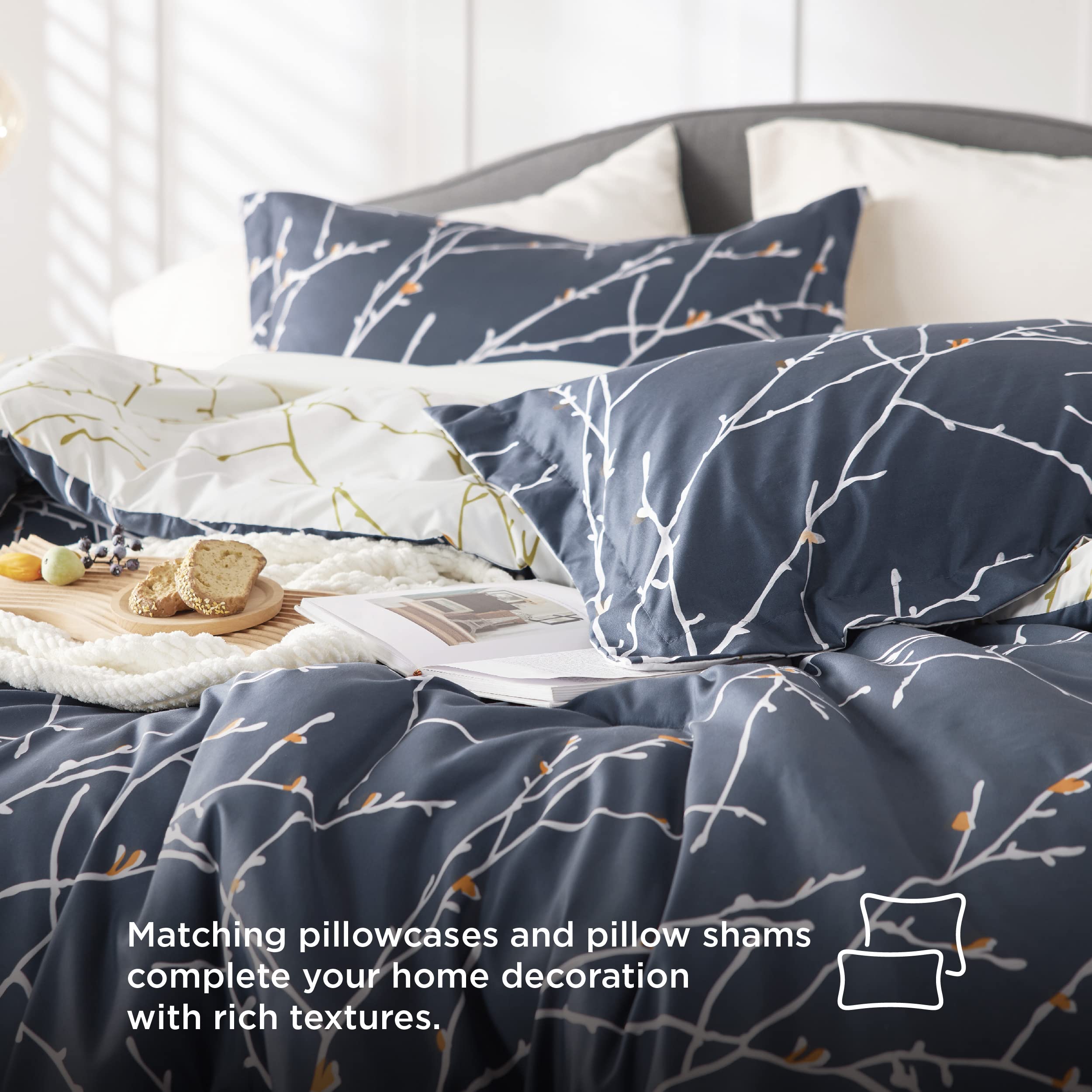 Bedsure Full Comforter Sets - 7 Pieces Floral Navy Blue Bed Set, Tree Branch Pattern Printed Bed In A Bag Full With Comforter, Sheets, Pillowcases & Shams