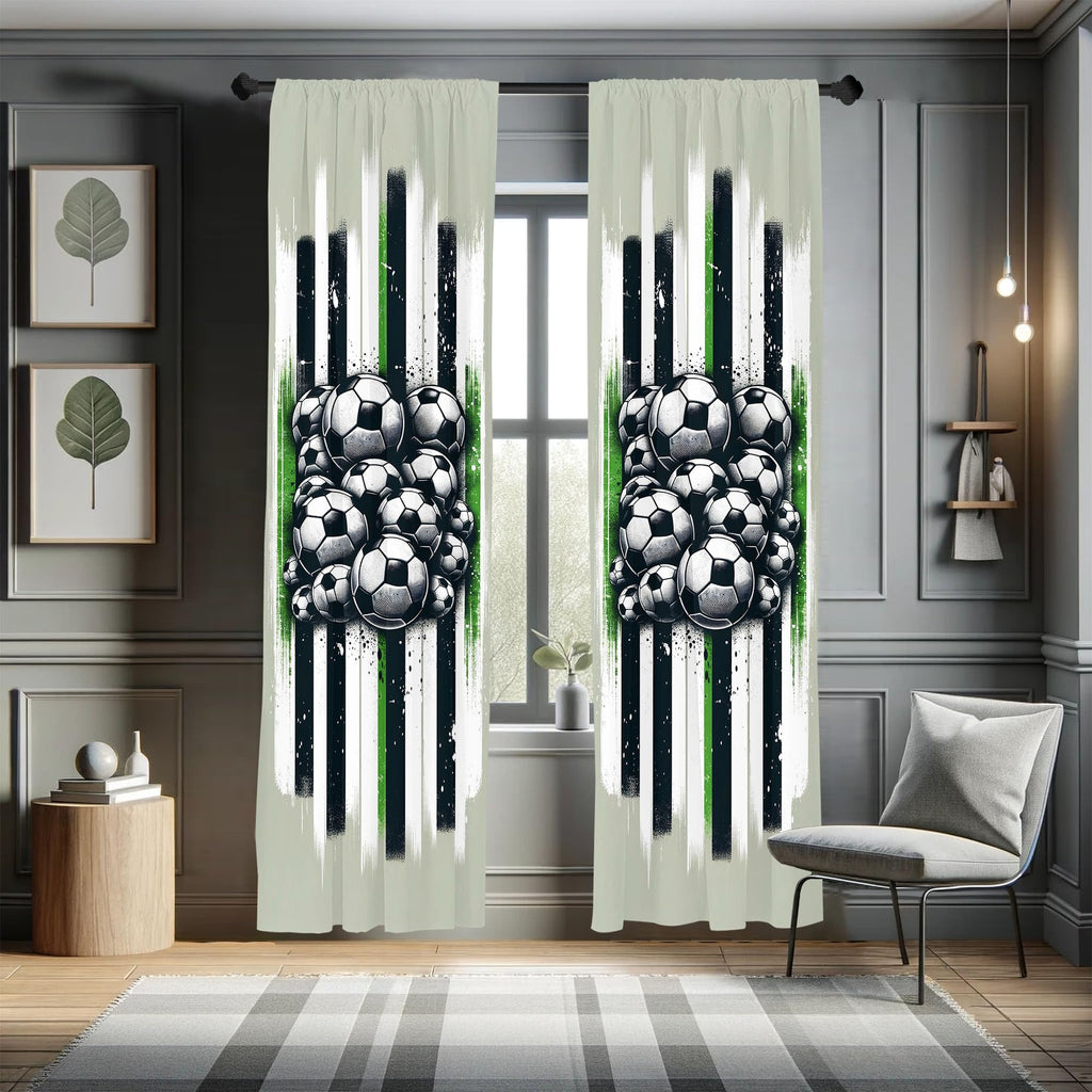 Ambesonne Soccer Window Curtains, Contemporary Design of Sports Ball Huddle with Grungy Stripes Print, Lightweight Decor 2-Panel