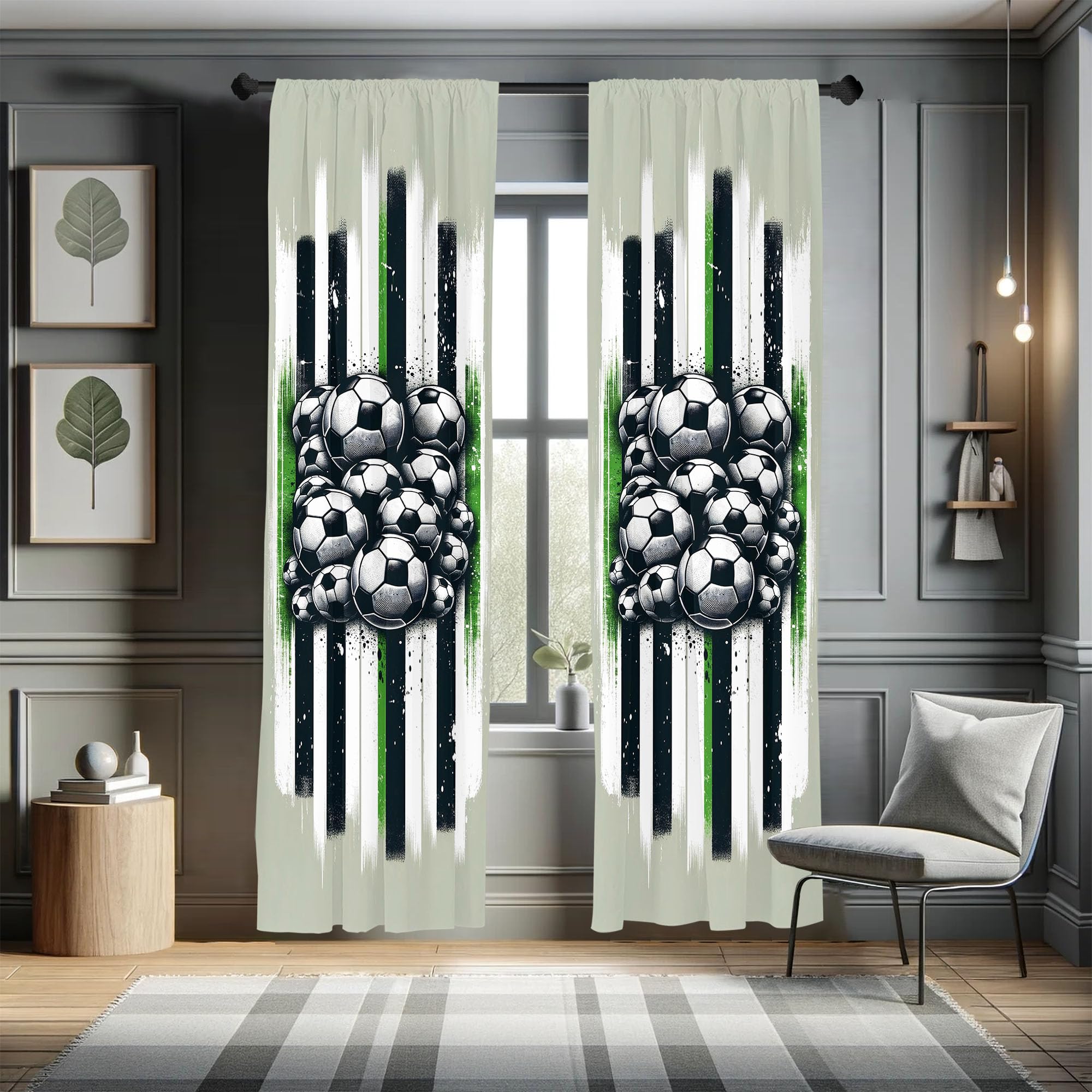 Ambesonne Soccer Window Curtains, Contemporary Design of Sports Ball Huddle with Grungy Stripes Print, Lightweight Decor 2-Panel
