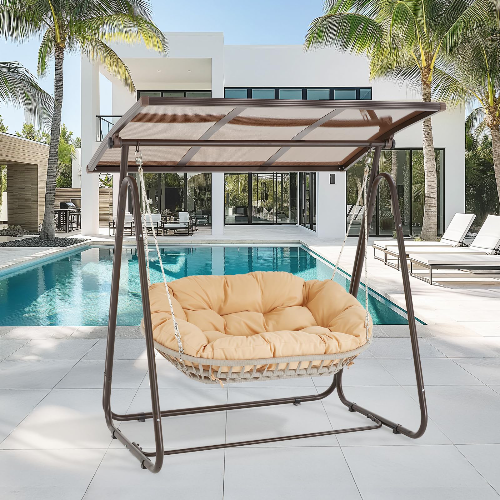 2-Person Outdoor Porch Swing With Adjustable Hardtop Canopy, 5.9 ' Thick Cushions,Weather-Resistant Rattan Patio Swing Chair Wi