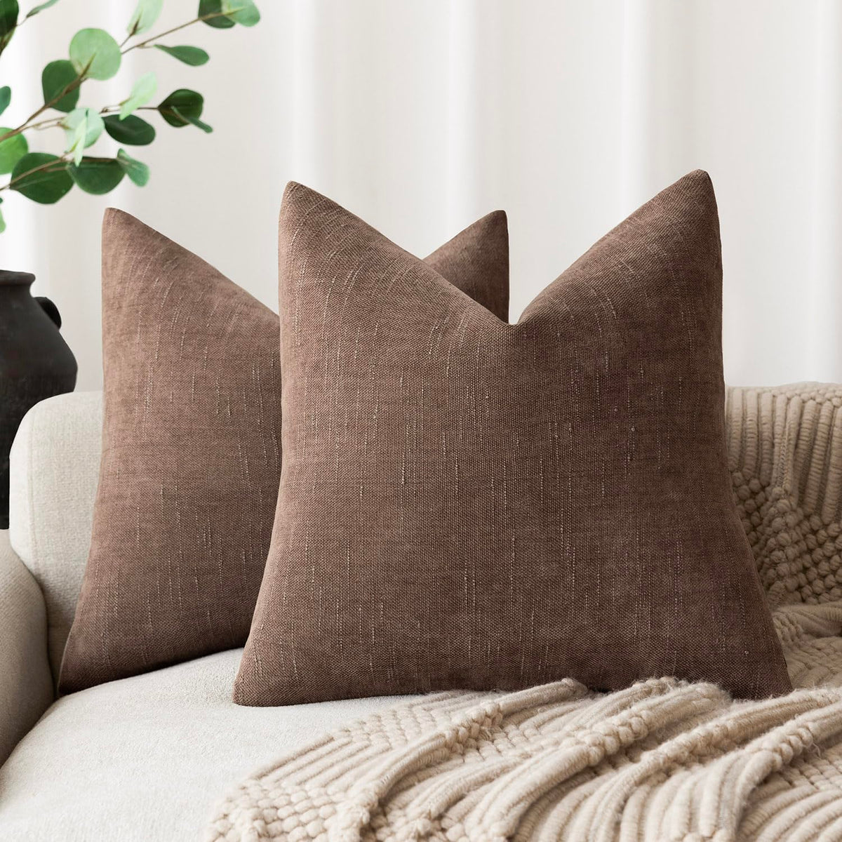Foindtower Set Of 2 Soft Textured Chenille Throw Decorative Pillow Covers Square Accent Solid Cushion Cover Cozy Neutral Farmhou