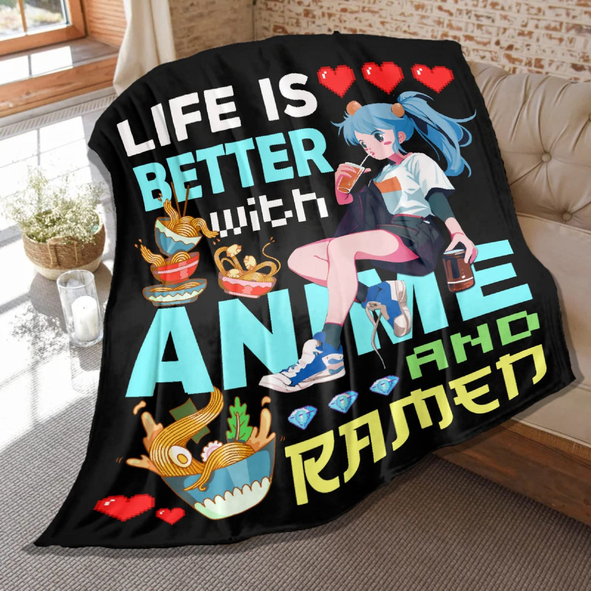 Anime Blanket Gifts For Boys Girls,Life Is Better With Anime And Ramen Print Throw,Soft Lightweight Plush Quilt For Bed Sofa Cou