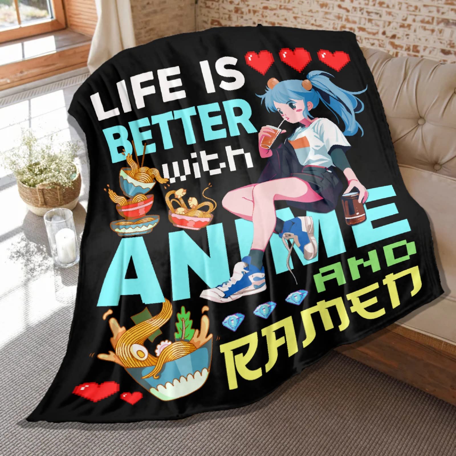 Anime Blanket Gifts For Boys Girls,Life Is Better With Anime And Ramen Print Throw,Soft Lightweight Plush Quilt For Bed Sofa Cou