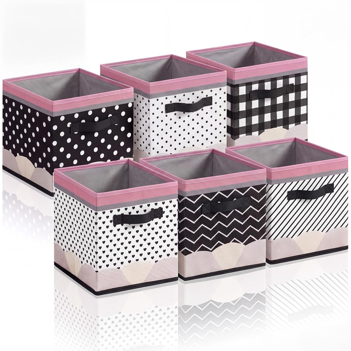 Thyle 6 Pcs 11in Pencil Fabric Bins for Classroom Black White Buffalo Plaid Storage Cube Collapsible Cubby Baskets with Handle f