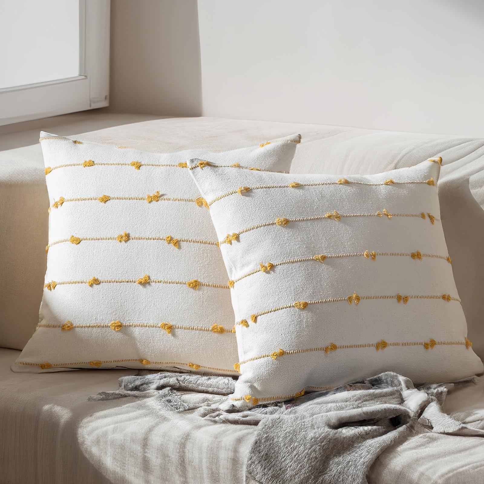 Arltth Boho Throw Pillow Covers 20X20 Set Of 2 Modern Farmhouse Decorative Linen Square Cushion Case For Sofa, Couch, Bed (20X20