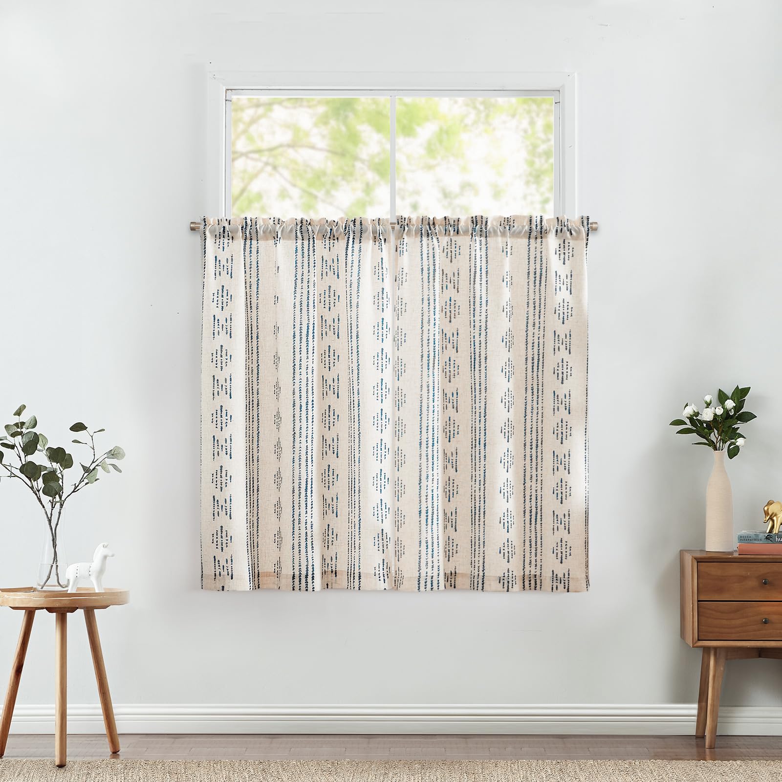 Jinchan Boho Kitchen Curtains Linen Tier Curtains 45 Inches Bohemian Small Cafe Curtains Striped Farmhouse Rustic Curtains For Bathroom Rv Camper Light Filtering Rod Pocket 2 Panels Blue On Beige