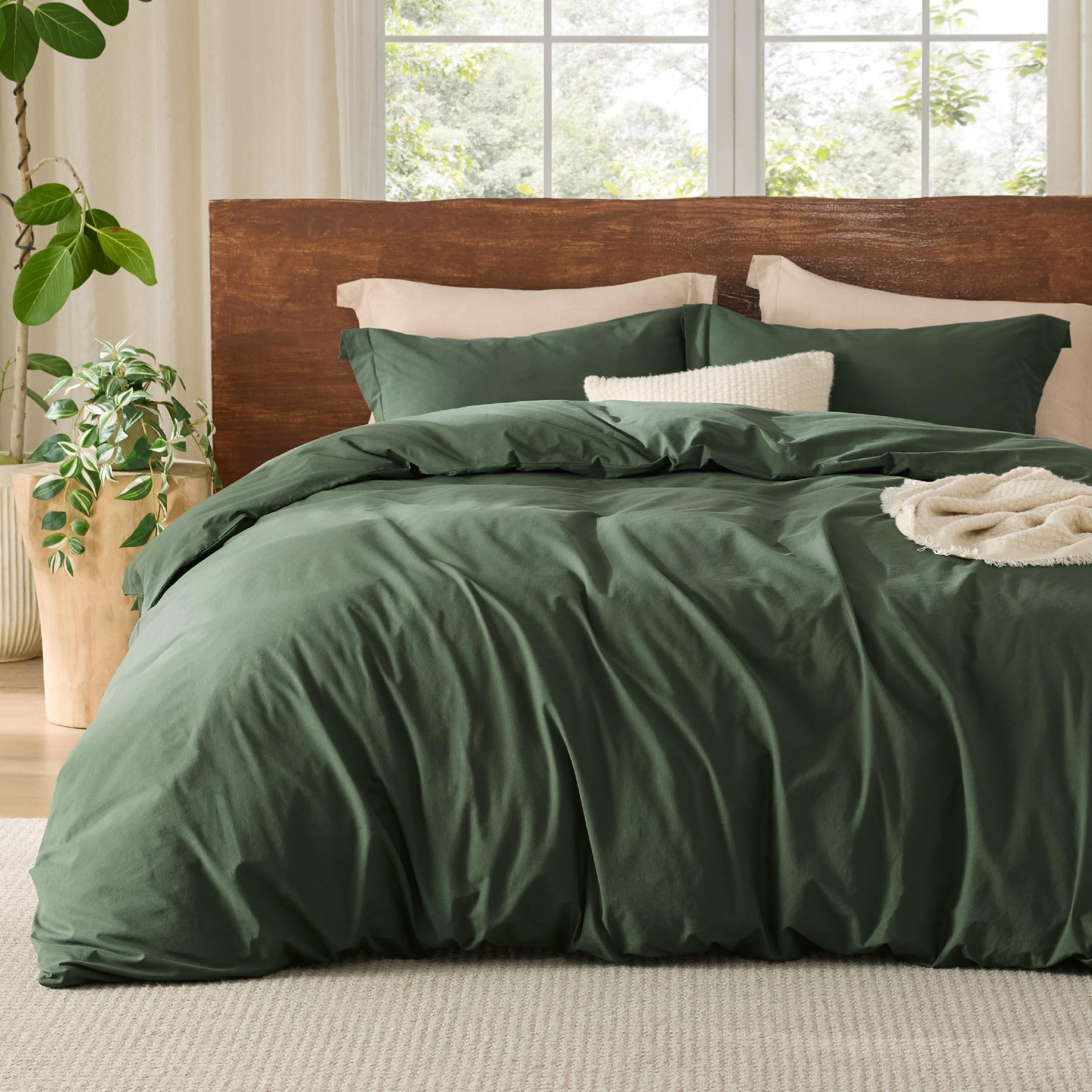 Bedsure 100% Washed Cotton Duvet Cover Queen - Olive Green Minimalist Cotton Duvet Cover Linen Like - 3 Pieces Gentlesoft™ Plain Simple Bedding Set With 2 Pillow Shams (Olive Green, Queen, 90'X90')