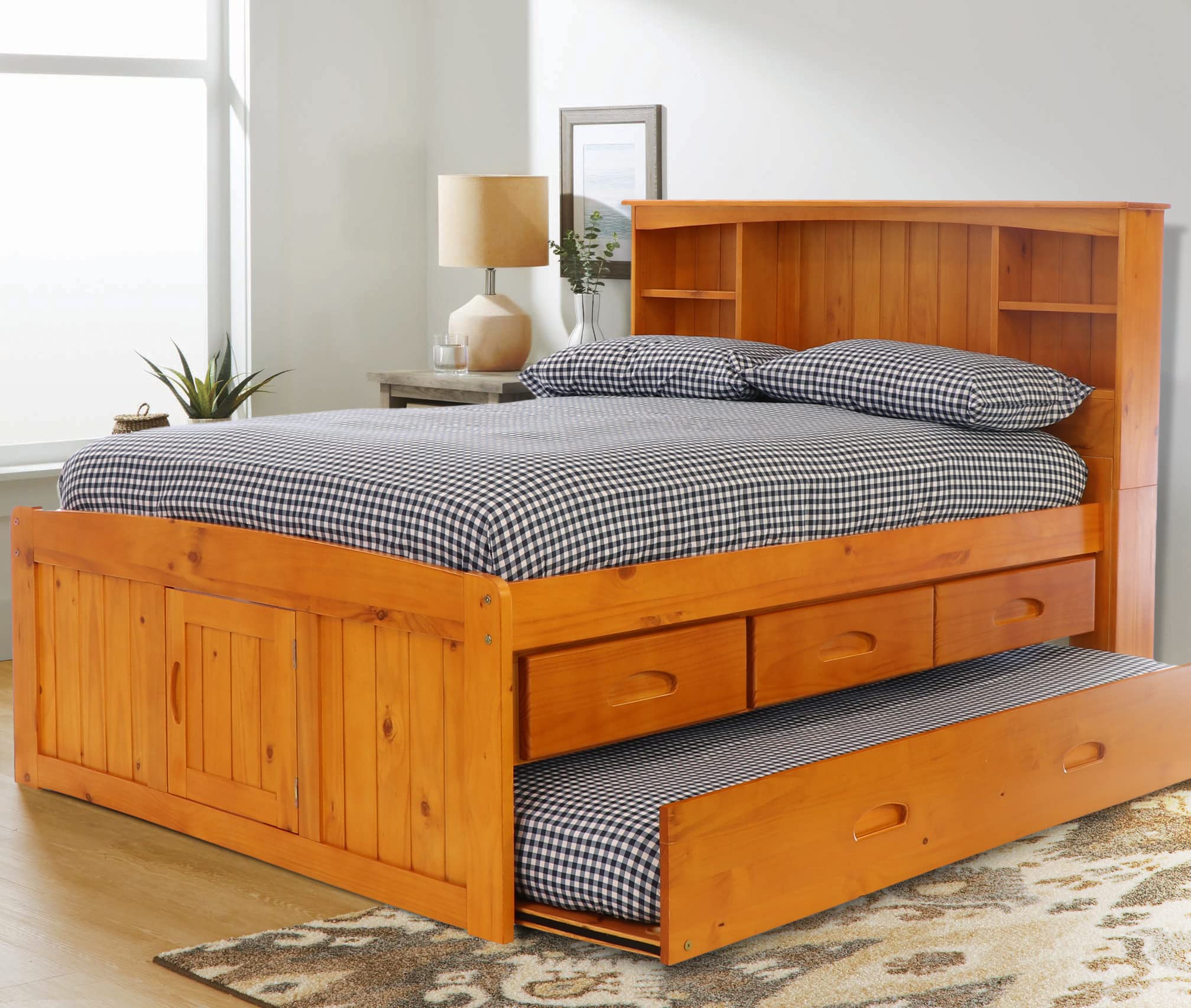 OS Home and Office Furniture Model 82121K3-22 Solid Pine Full Captains Bookcase Bed with 3 Drawers and Twin Sized Trundle in Warm Honey