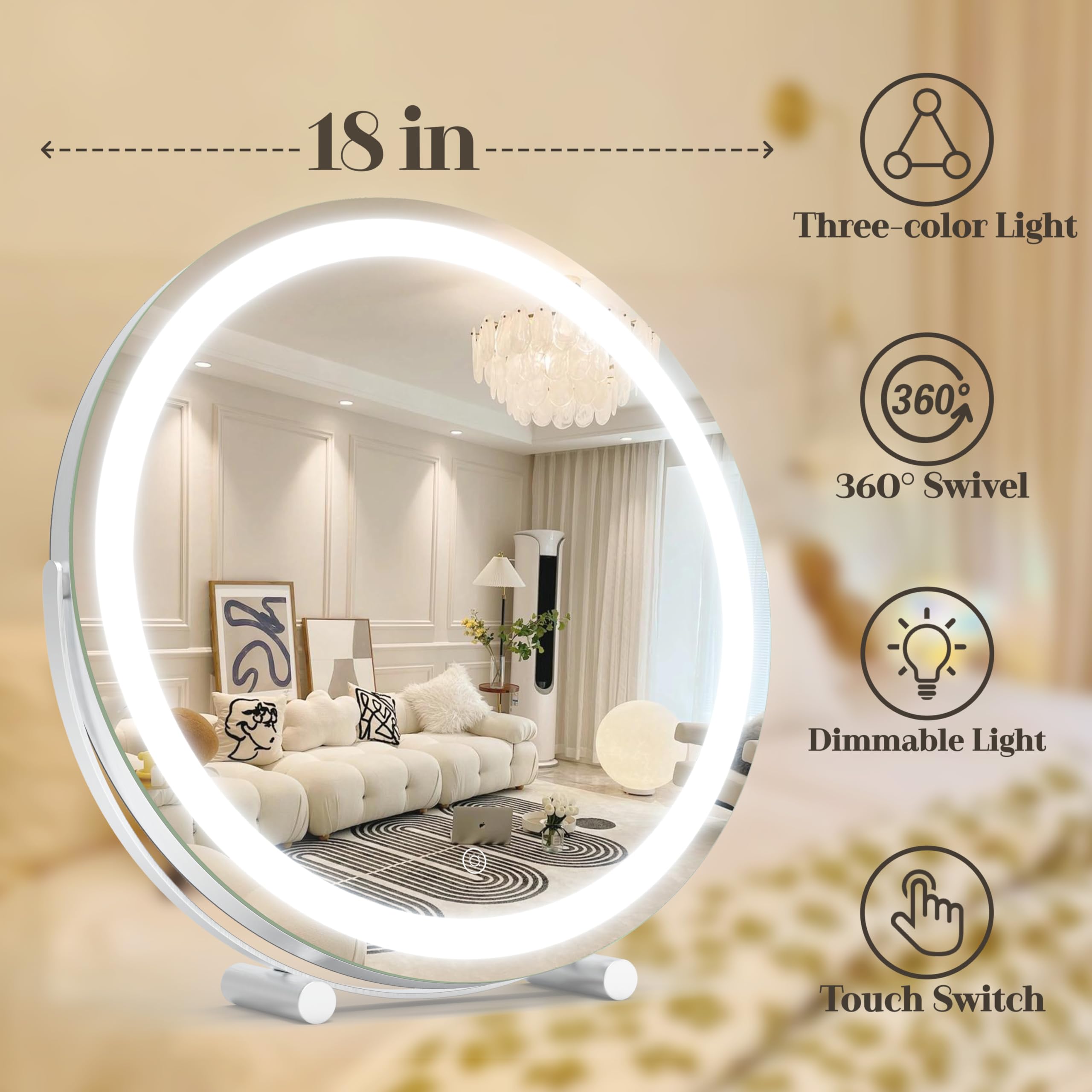 Rolove Vanity Makeup Mirror With Lights, 18 Inch Led Makeup Mirror, Lighted Vanity Mirror With Lights, Smart Touch Control 3 Col