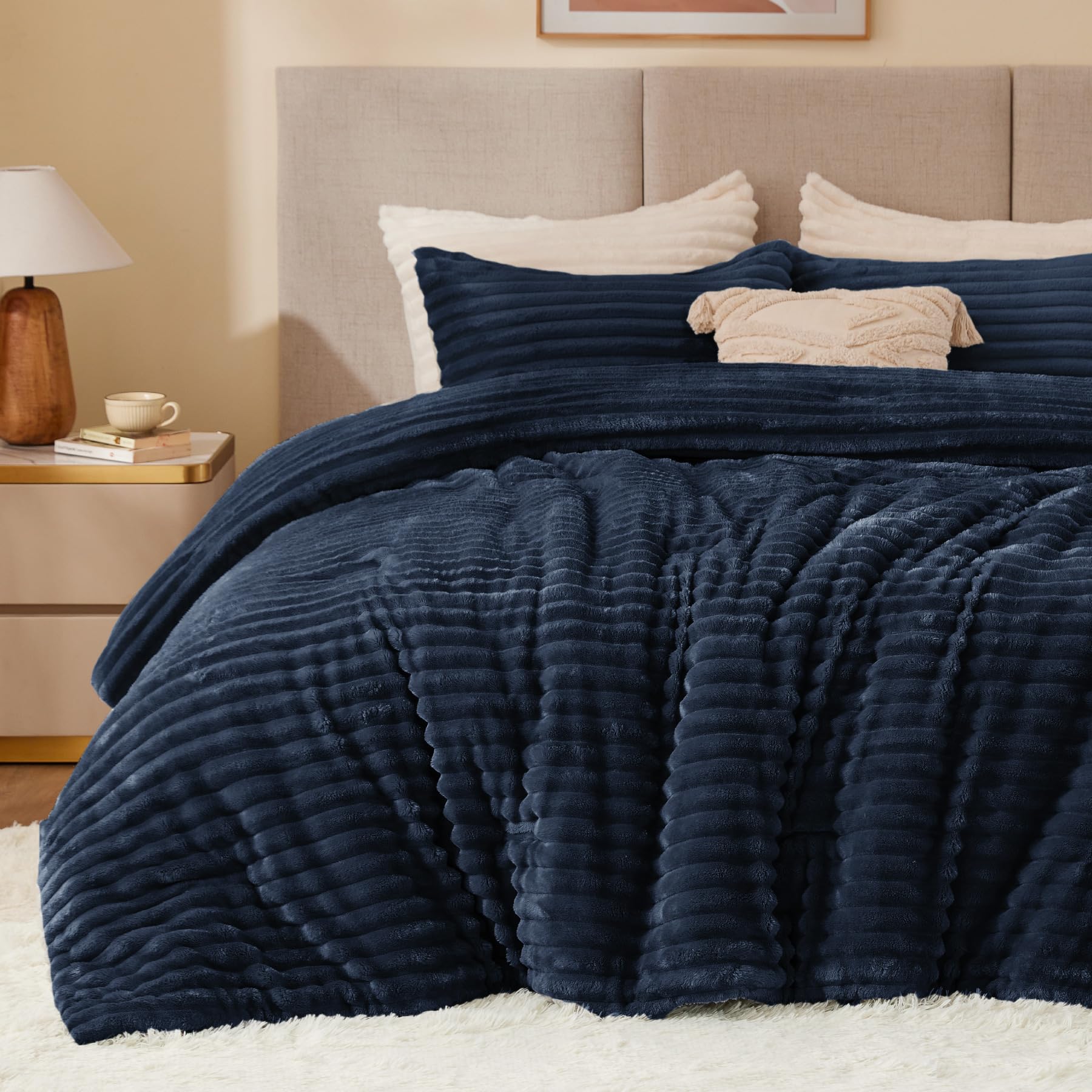 Bedelite Fleece California King Comforter Set -Super Soft & Warm Fluffy Navy Blue Bedding, Luxury Fuzzy Heavy Bed Set For Winter