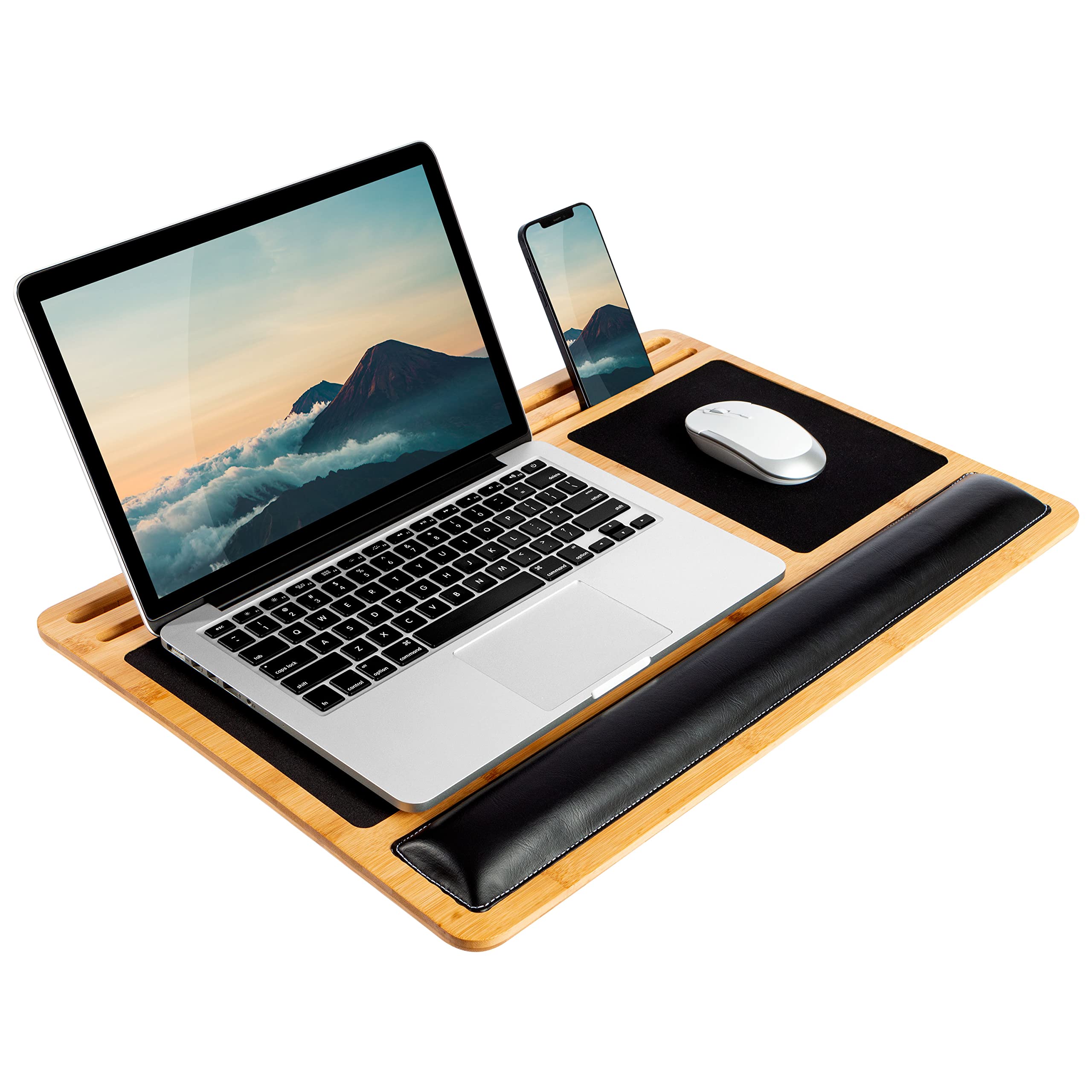 Lapgear Bamboo Pro Lap Board With Wrist Rest, Mouse Pad, And Phone Holder - Natural - Fits Up To 17.3 Inch Laptops And Most Tabl