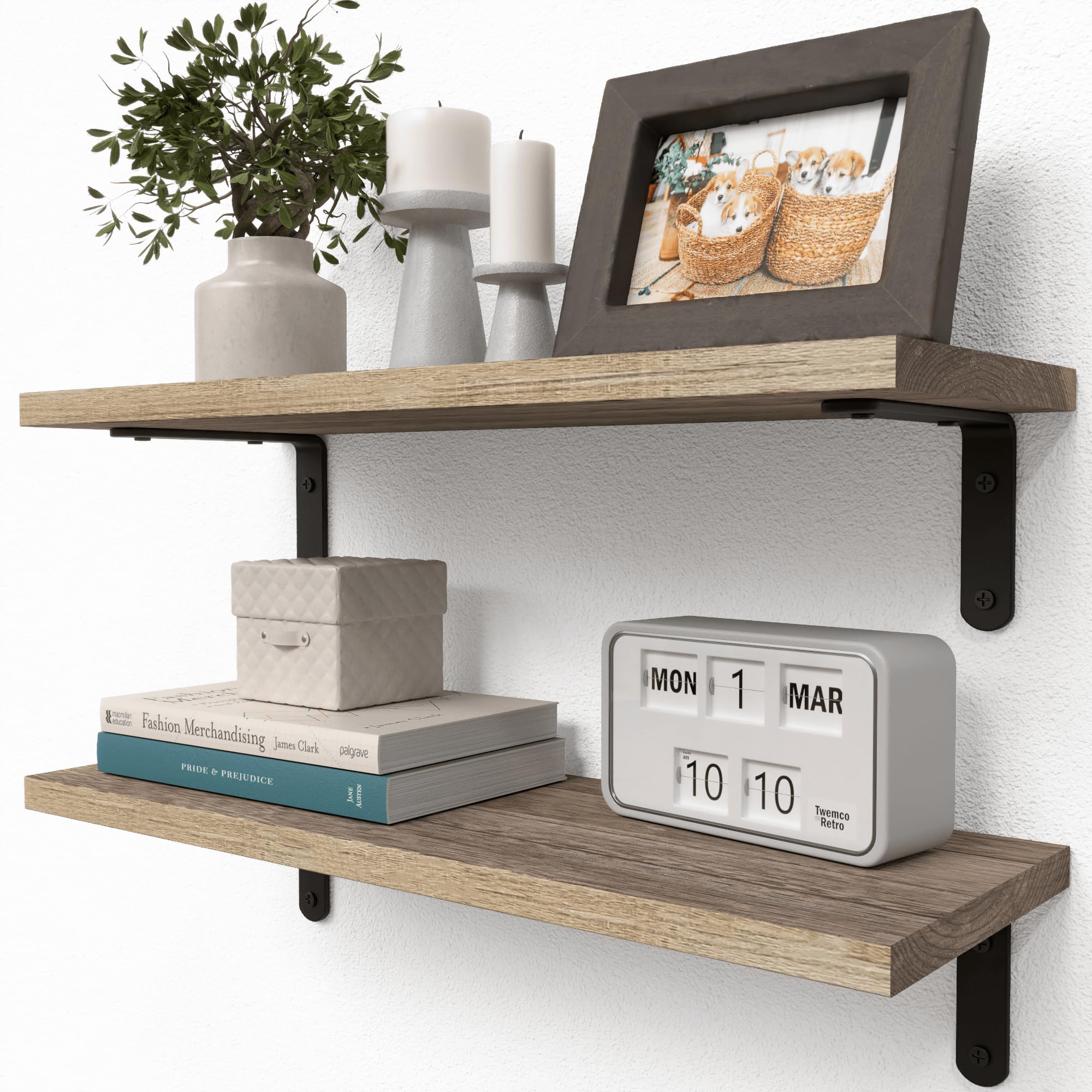 Richer House Rustic Wood Shelves Set Of 2, Farmhouse Style Floating Shelf For Wall Décor, Hanging Shelves For Bathroom, Bedroom, Storage, Kitchen, Living Room - Carbonized Black