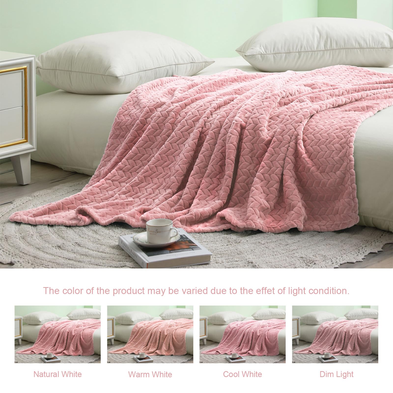 Exclusivo Mezcla Pink Fleece King Size Blanket For Bed, 90X104 Inches Soft Cozy 3D Decorative Jacquard Flannel Blankets, Lightwe