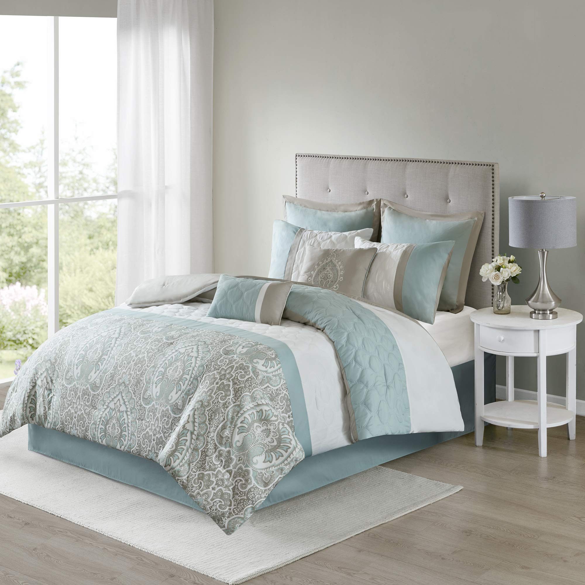510 Design Luxe Quilted Comforter Set Modern Transitional Design, All Season Down Alternative Warm Bedding Matching Shams, Bedskirt, Decorative Pillow, Cal King, Shawnee Scrollwork Seafoam