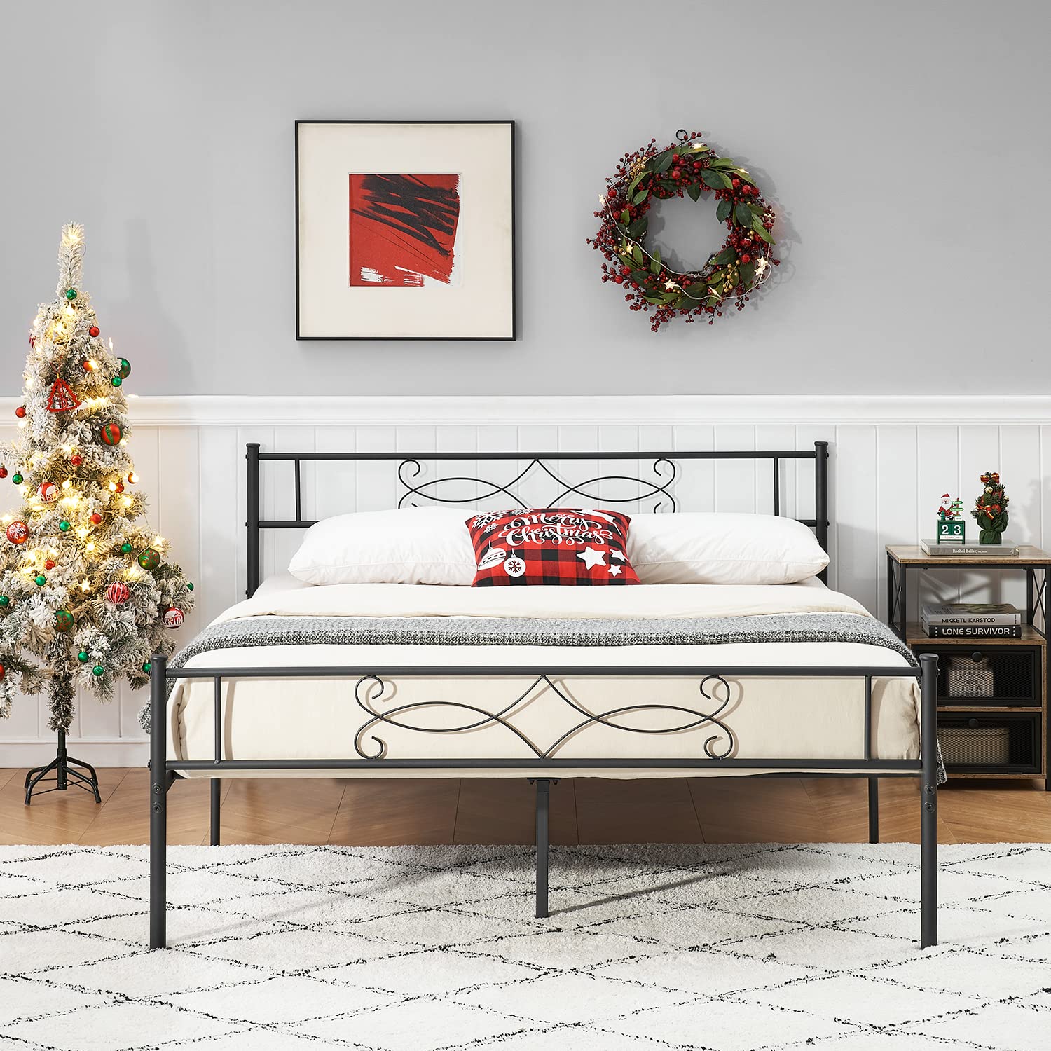 Vecelo 14' Metal Platform Bed Frame With Headboard,Premium Steel Slat Support No Box Spring Needed,Noise-Free Anti-Slip,Easy Assembly(Queen Size)