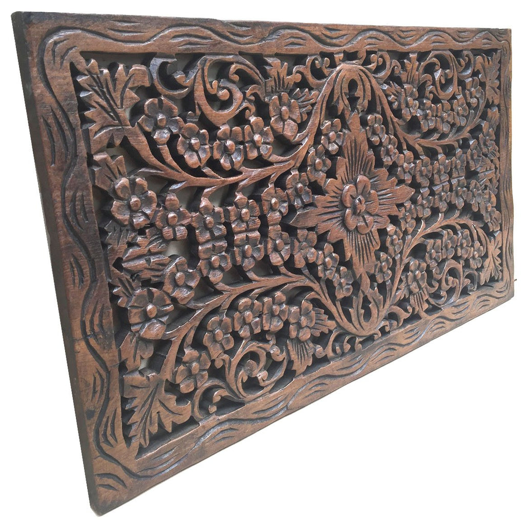 Asiana Home Decor Wood Carved Panel. Decorative Thai Wall Relief Panel Sculpture.Teak Wood Wall Hanging in Dark Brown Finish Siz