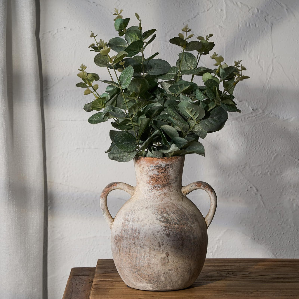 SIDUCAL Rustic Ceramic Farmhouse Flower Vase with 2 Handles, Whitewashed Terra Cotta Vase, Decorative Pottery Flower Vase for Ho