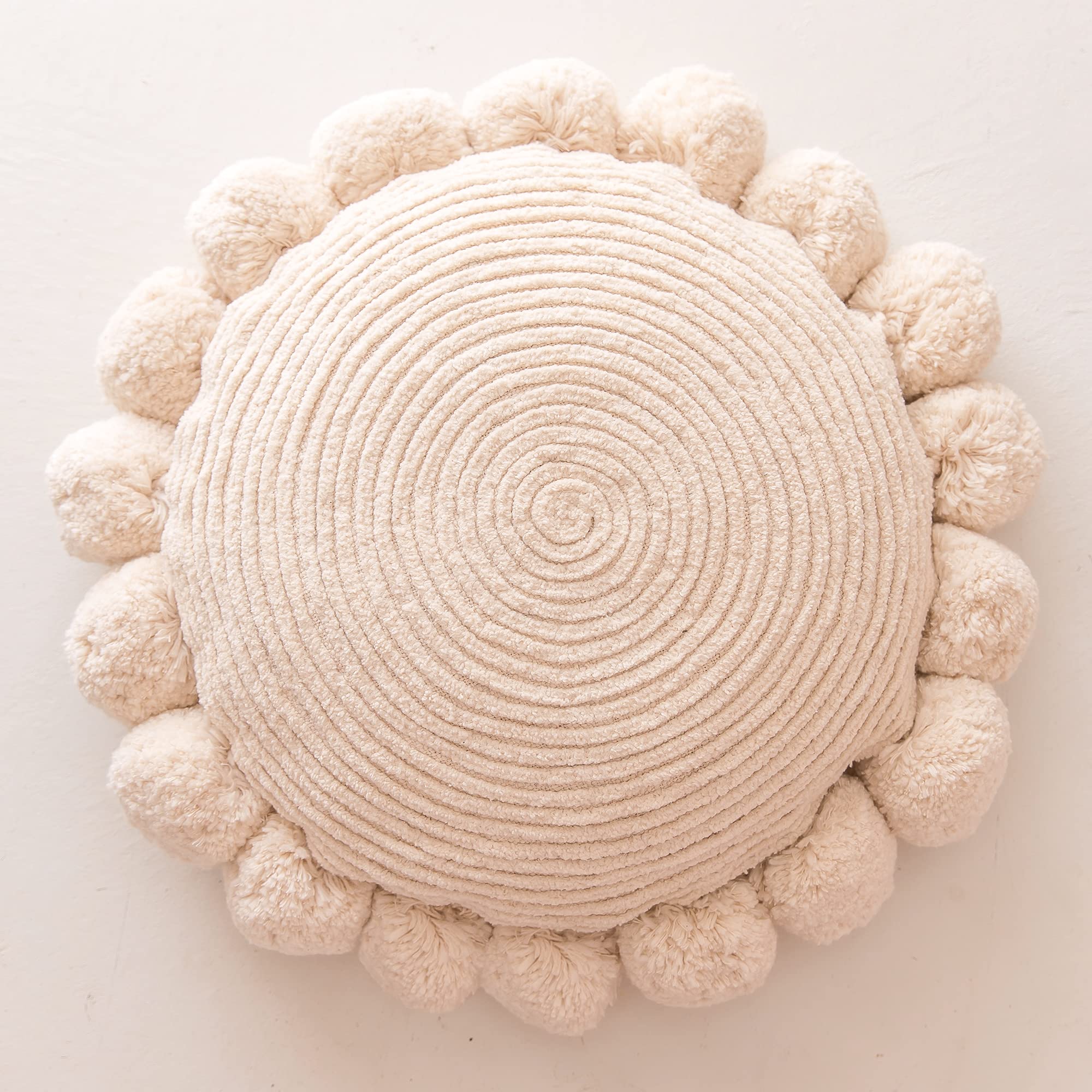 Banilla Bohemian Round Pillow Cover 16 Inch | 100% Cotton Decorative Pillow Hand Tufted With Chunky Textured Poms | Boho Throw P
