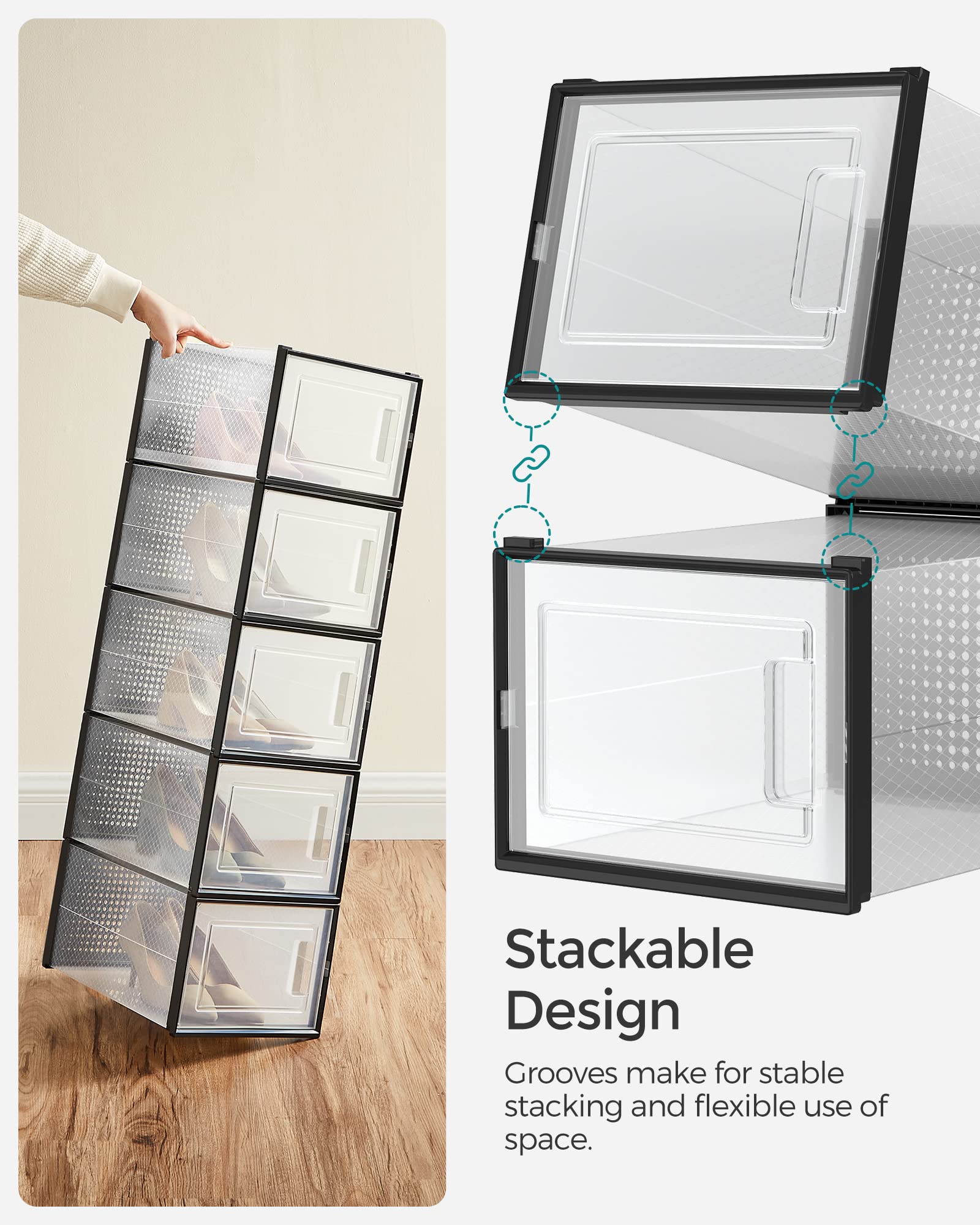 Songmics Shoe Boxes, Pack Of 12 Shoe Storage Organizers, Stackable Clear Plastic Boxes For Closet, Sneakers, 9.9 X 13.7 X 7.4 Inches, Fit Up To Us Size 13, Transparent And Black Ulsp007B12