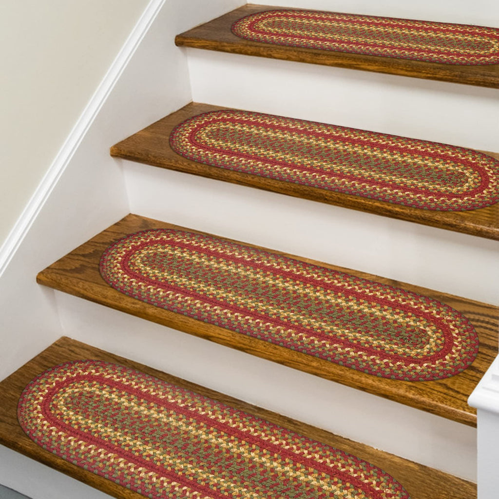 Homespice Cider Barn Premium Jute Braided Stair Tread 8'' x 28'' (Set of 13) Oval Red Reversible, Natural Jute Yarn Rustic, Coun