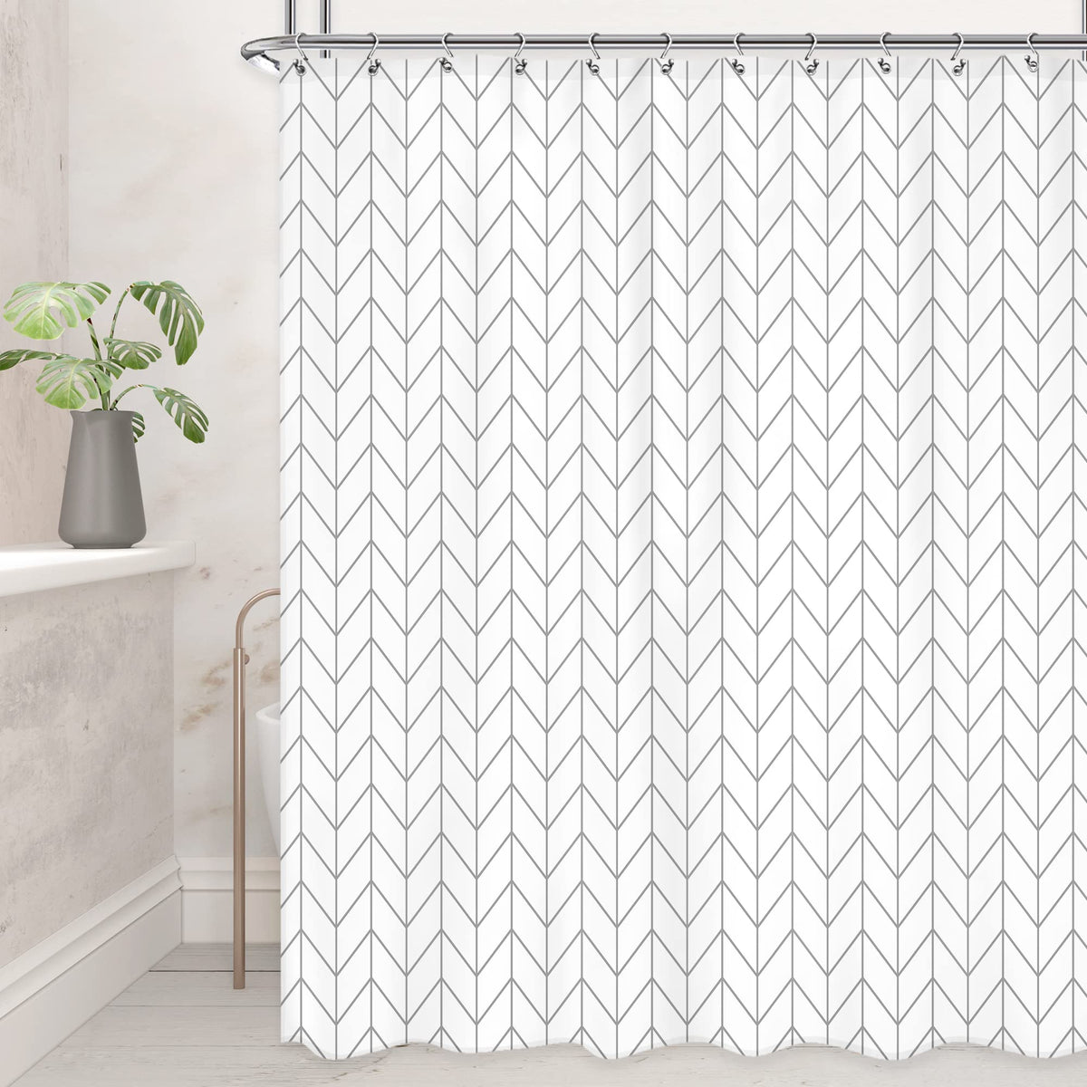 Riyidecor Herringbone Shower Curtain Extra Long Chevron 72Wx84H Inch White Grey Geometric Striped Dorm Simple Modern Classy Neut