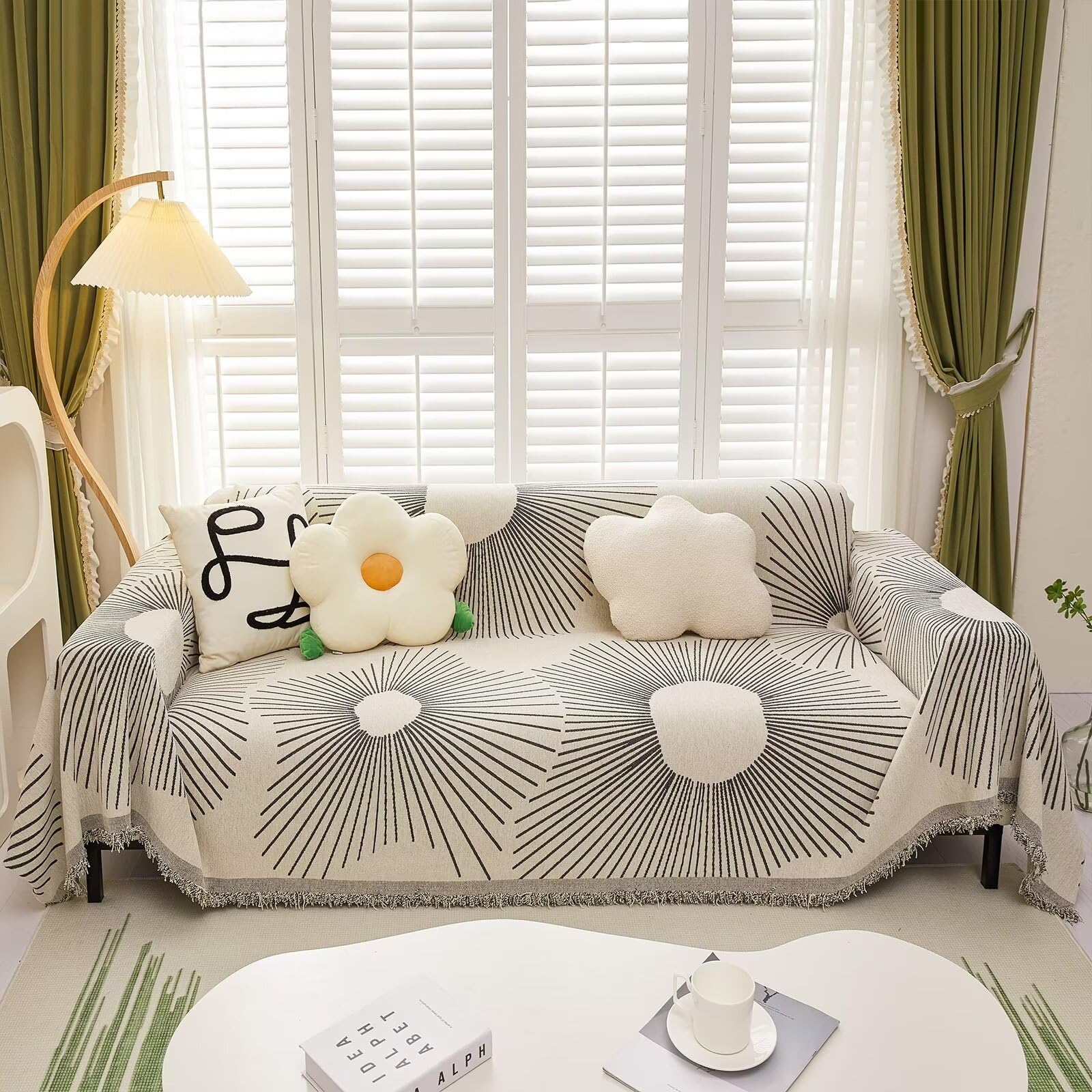 Vclife Chic Geometric Couch Cover Thick Soft Dog Sectional Sofa Slipcover For 2-3 Cushion Couch Sofa, Boho Beige Black Stripes J