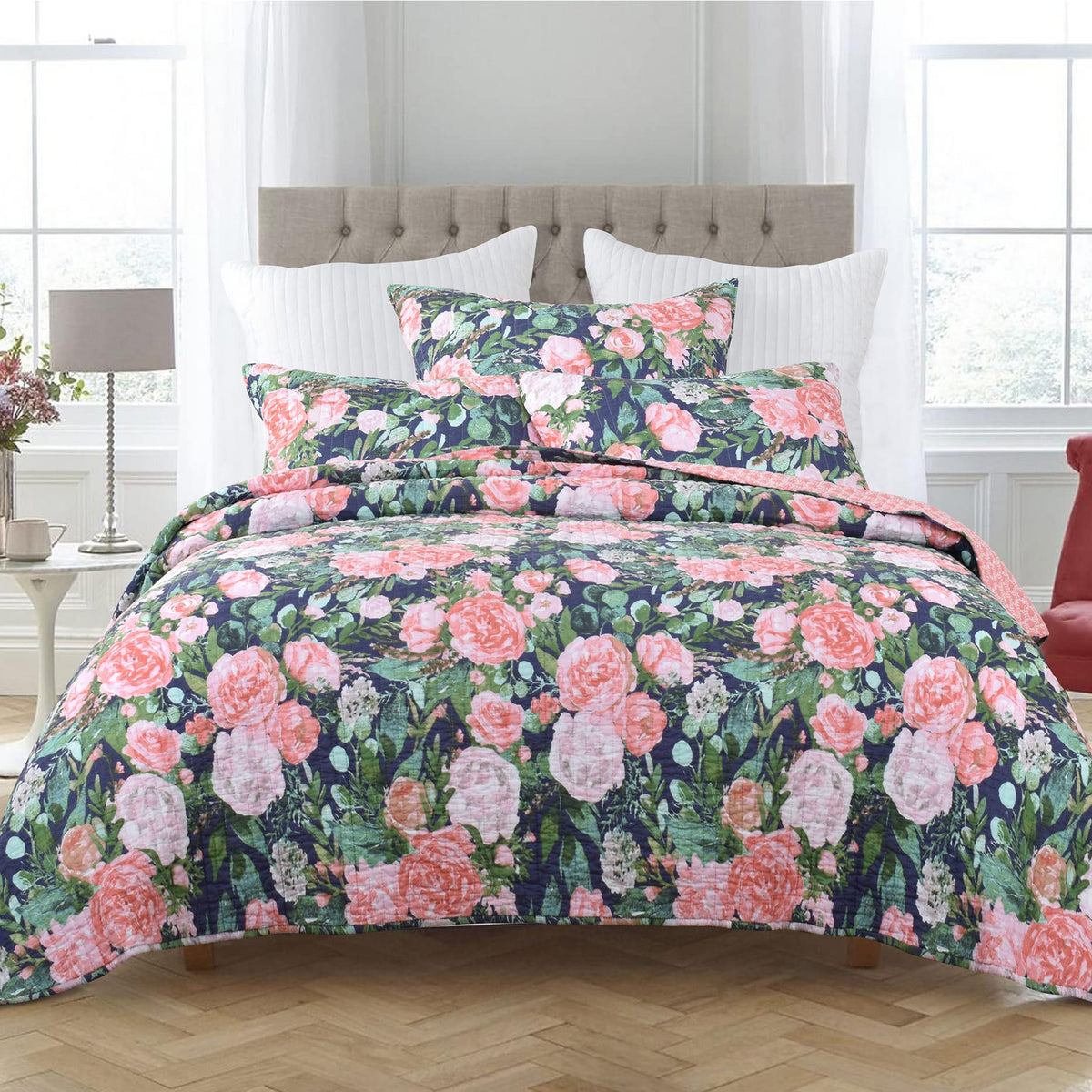 Loopuinhom King Quilt Set 3-Piece Bedspread Reversible Quilted Bedding 100% Cotton Coverlet Set With Shams, Gorgeous Floral Patt