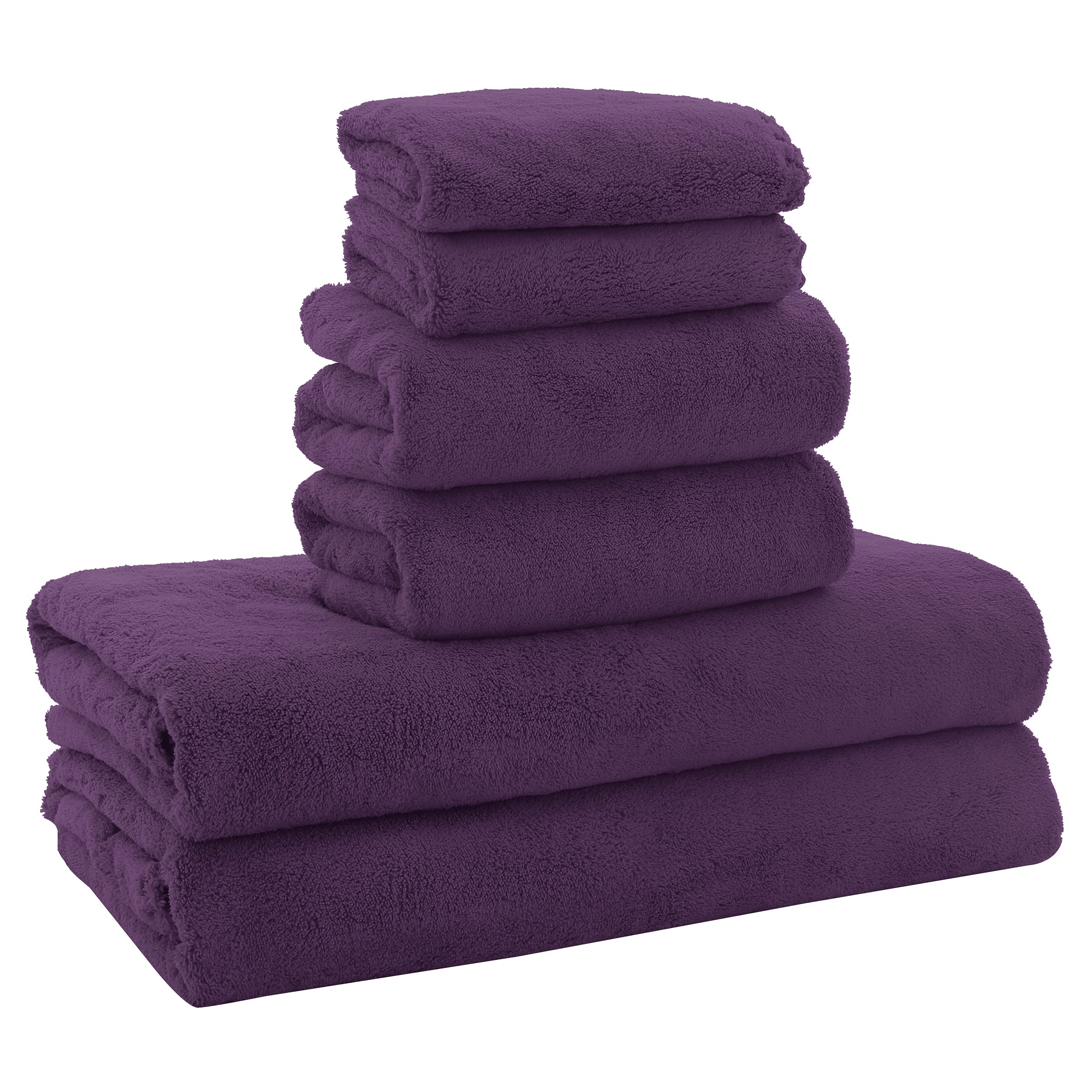 MOONQUEEN Ultra Soft Microfiber Coral Velvet Towel Set - Quick Drying - 2 Bath Towels, 2 Hand Towels, 2 Washcloths - Plum, 6 Pcs