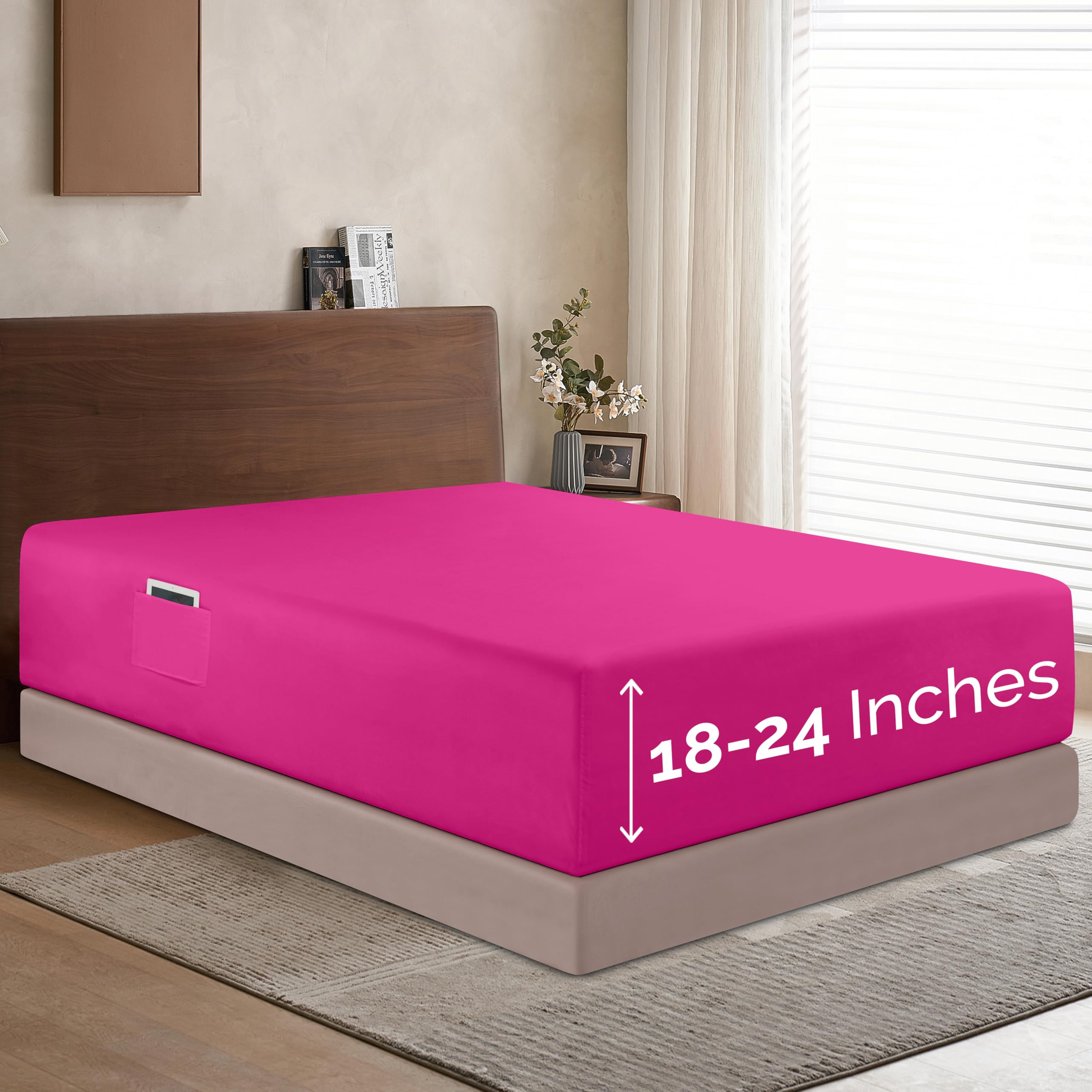 Elegant Comfort 1500 Premium Hotel Quality 18-24 Inches Deep - Extra Deep Pocket Single Fitted Sheet For High Mattress, Luxury And Softest, Smart Pocket - Wrinkle Free, Queen, Pink