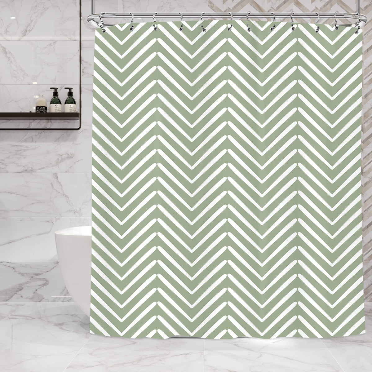 Riyidecor Sage Green White Chevron Shower Curtain Boho Modern Striped Geometric Herringbone Simple Contemporary 60Wx72H Inch for