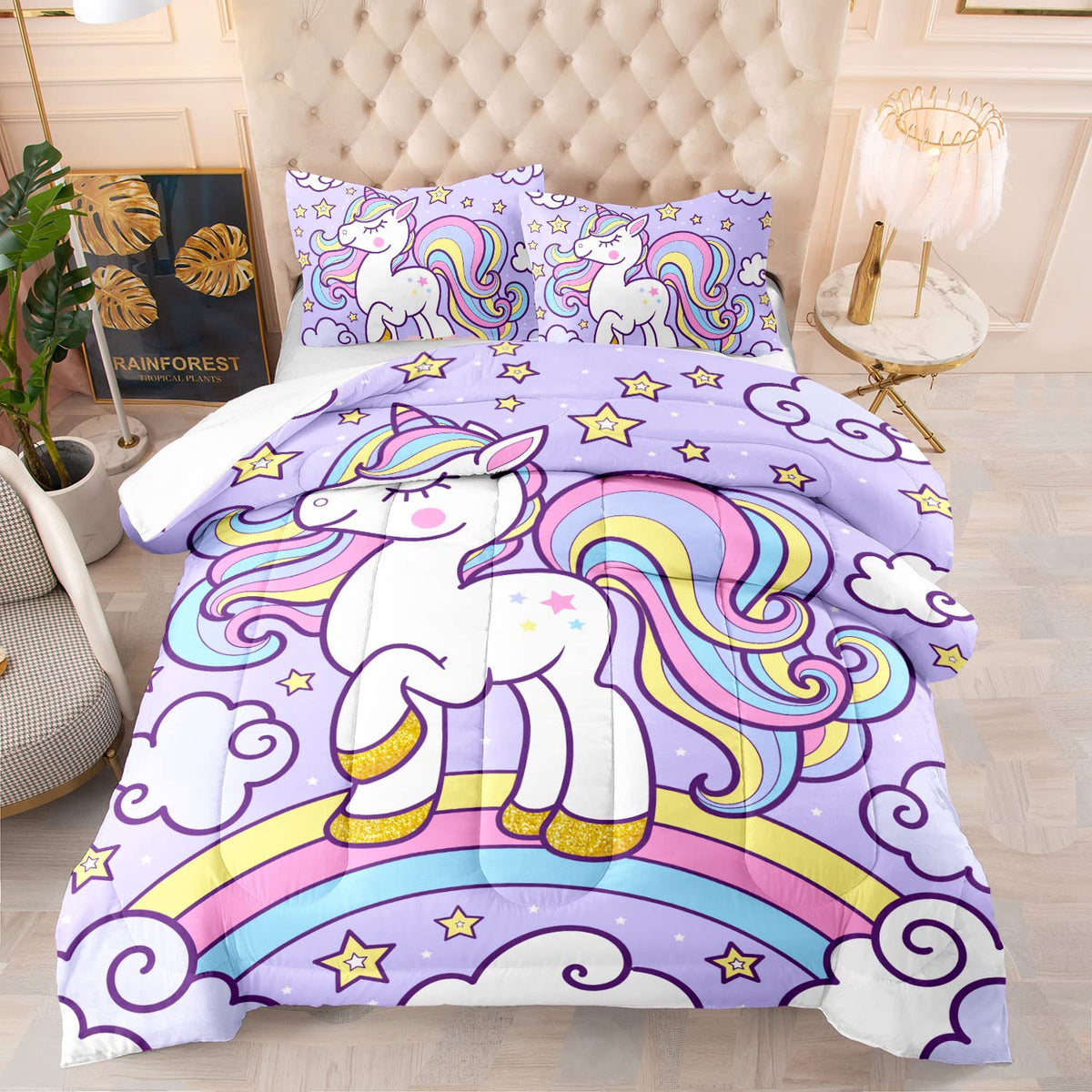 Axolotl Rainbow Unicorn Bedding Set Twin,Purple Unicorn Kids Comforter Sets With Stars Cloud For Girls,1 Quilt With 2 Pillowcase
