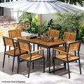 Tangkula 7 Piece Outdoor Dining Set for 6, Acacia Wood Rectangular Dining Table & 6 Armchairs w/Metal Frame, Umbrella Hole, Farm