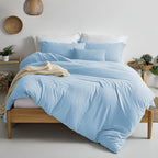 Mildly Super Soft Duvet Cover - 100% Washed Microfiber Cool Blue Comforter Cover Set 3 Pieces With Zipper Closure & Corner Ties