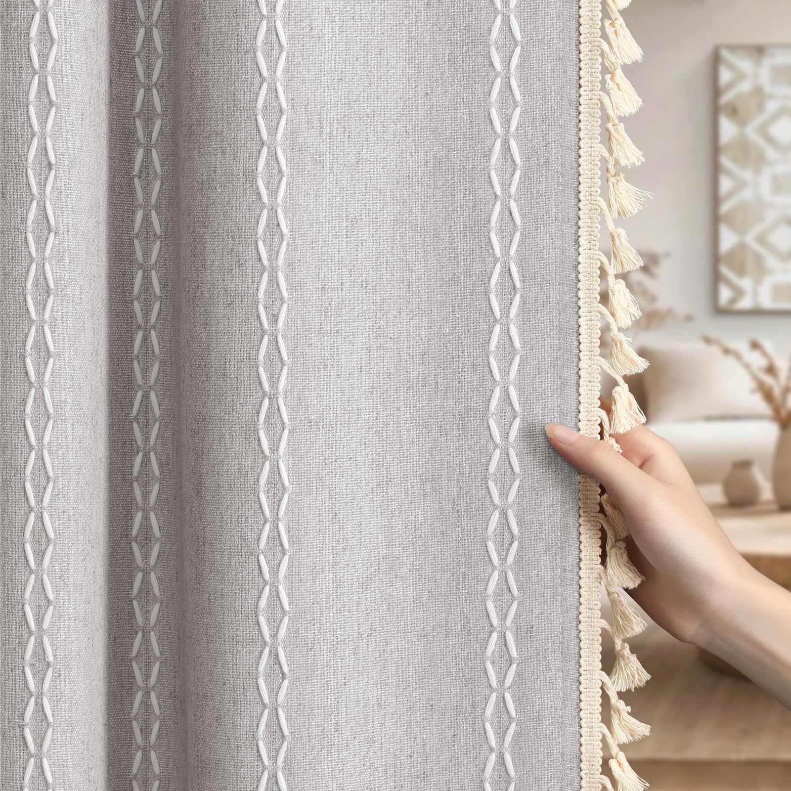 XOGUIBO Light Gray Boho Blackout Curtains 2 Panels 84 Inch for Living Room Bedroom, Light Grey Linen Texture Farmhouse Curtains 