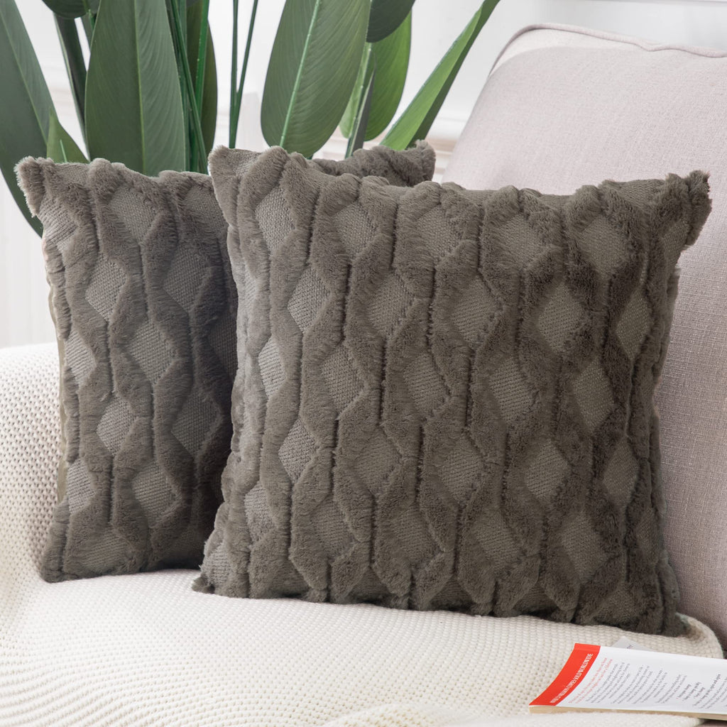 Madizz Set Of 2 Soft Plush Short Wool Velvet Decorative Throw Pillow Covers 20X20 Inch Dark Taupe Square Luxury Style Cushion Ca