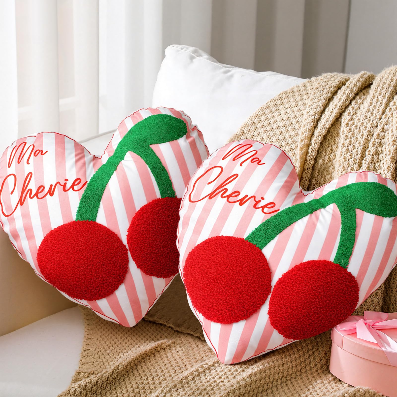 AceOrbit 2 Pcs Ma Cherie Cherry Throw Pillow 18 x 18   Aesthetic Cute Heart Plush Pillow Red Cherry Prints Galentines Decorati