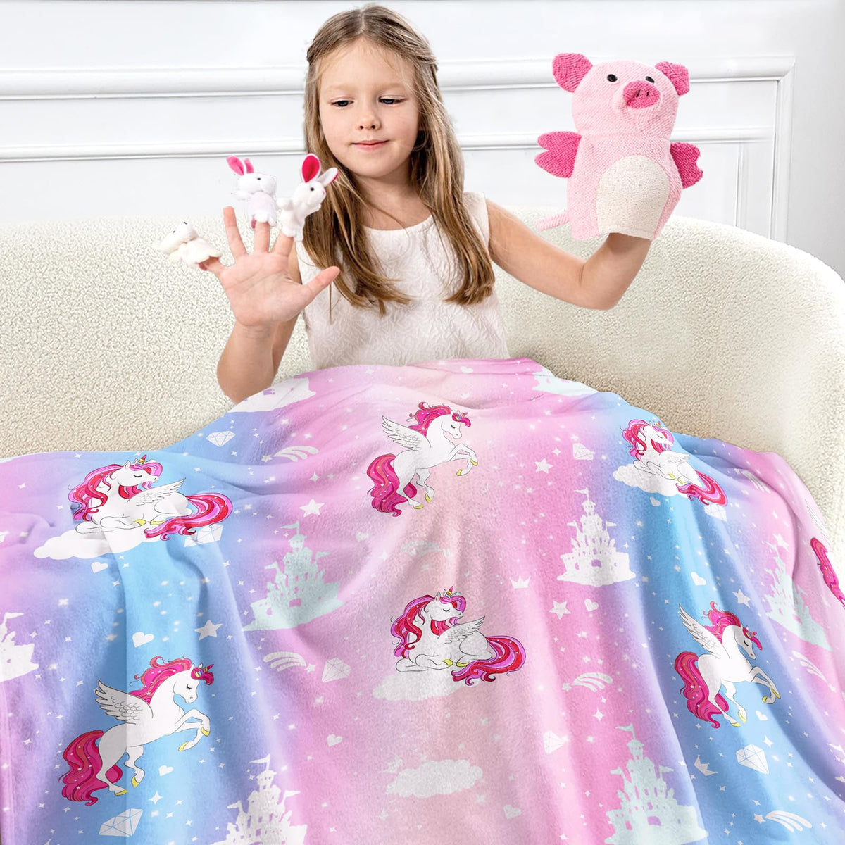 Wajade Kids Pink Unicorn Blanket For Girls Soft Fleece Kids Blanket For Couch Sofa Bedroom Unicorn Castle Clouds Throw Blanket F