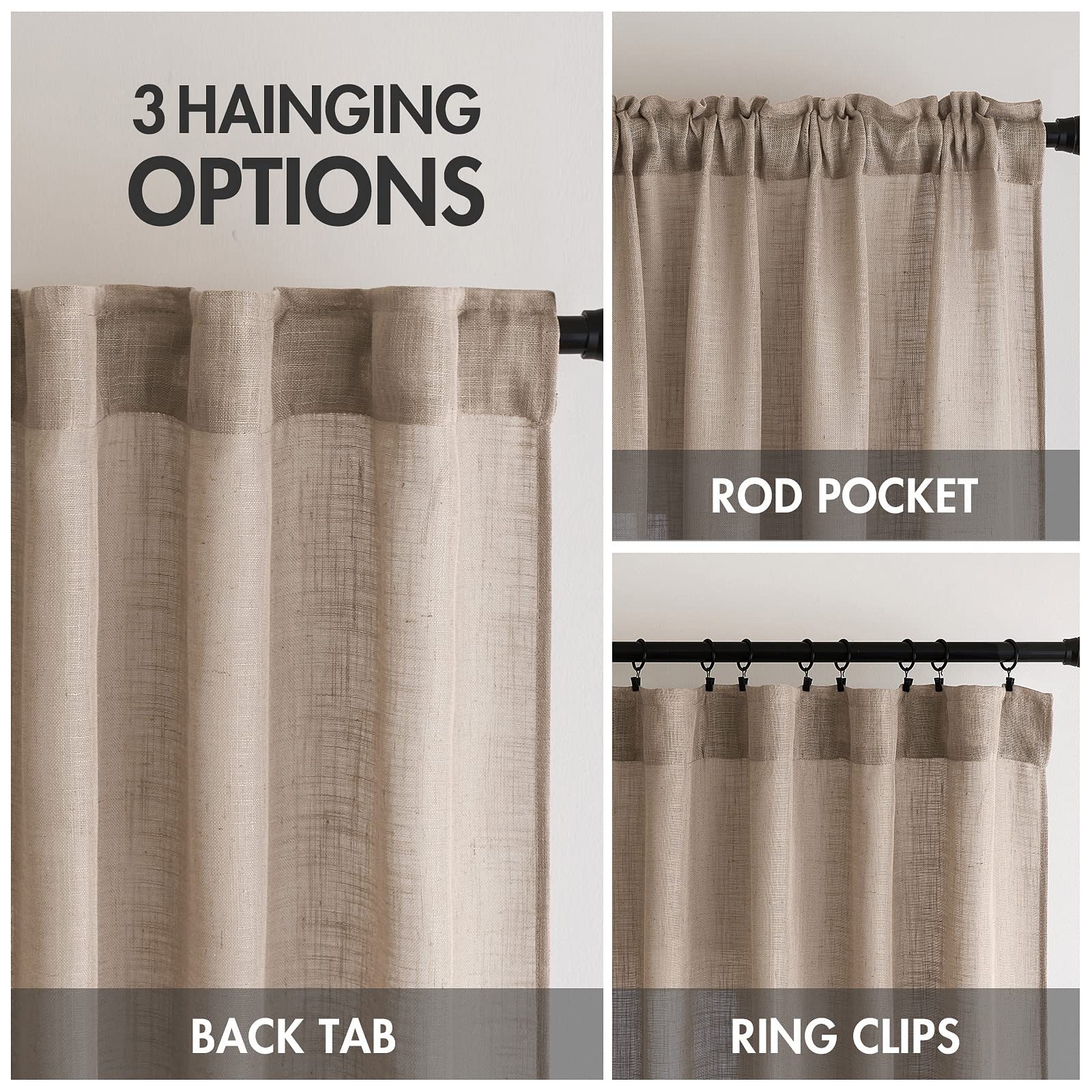 MIULEE 108 Taupe Linen Curtains, Semi Sheer, 52W x 108L, Rod Pocket, Thick Textured Drapes for Bedroom & Living Room, 2 Panels