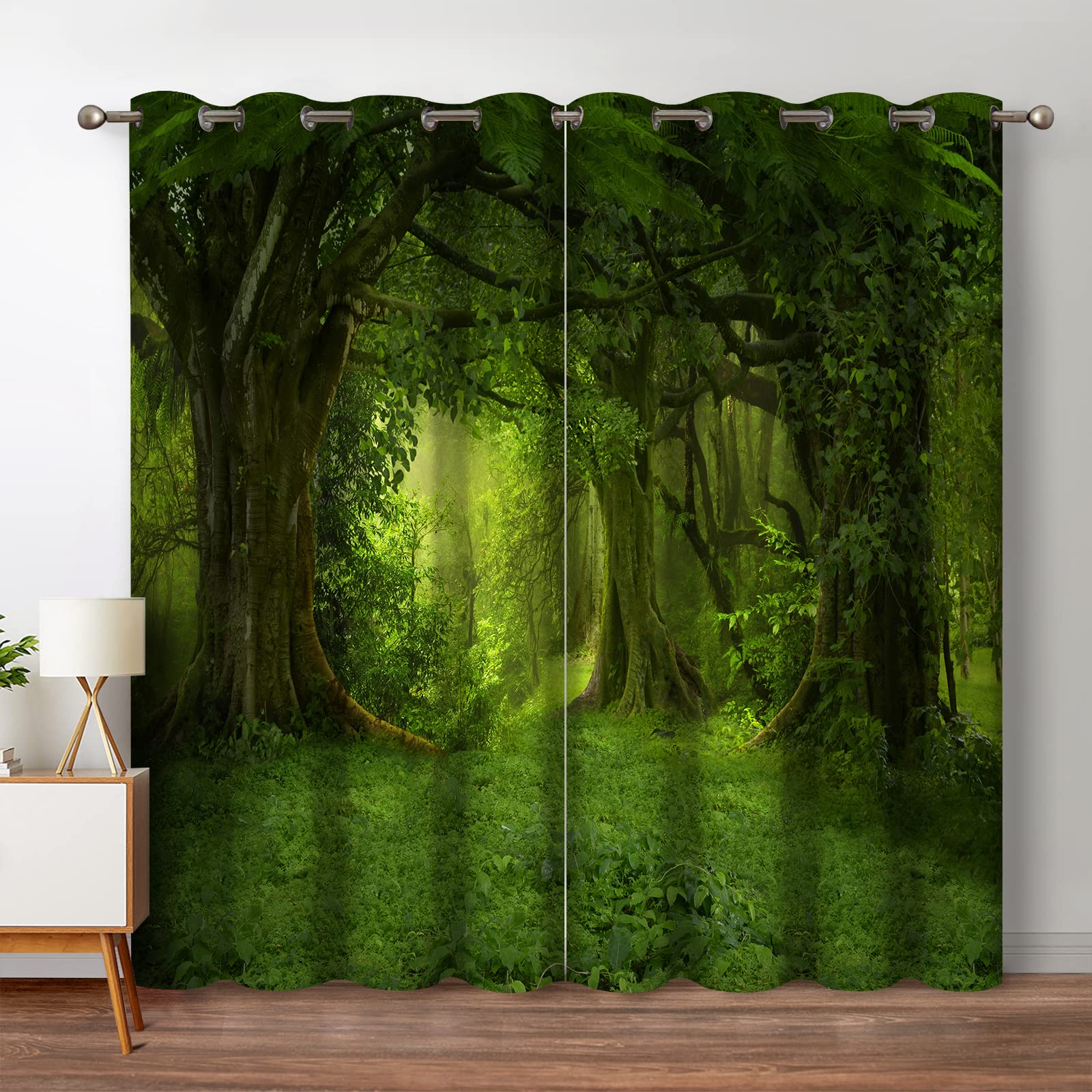 Jekeno Forest Blackout Curtains Tropical Jungle Green Trees Foliage in The Woodland Himalayas Landscape Nature Decor for Bedroom
