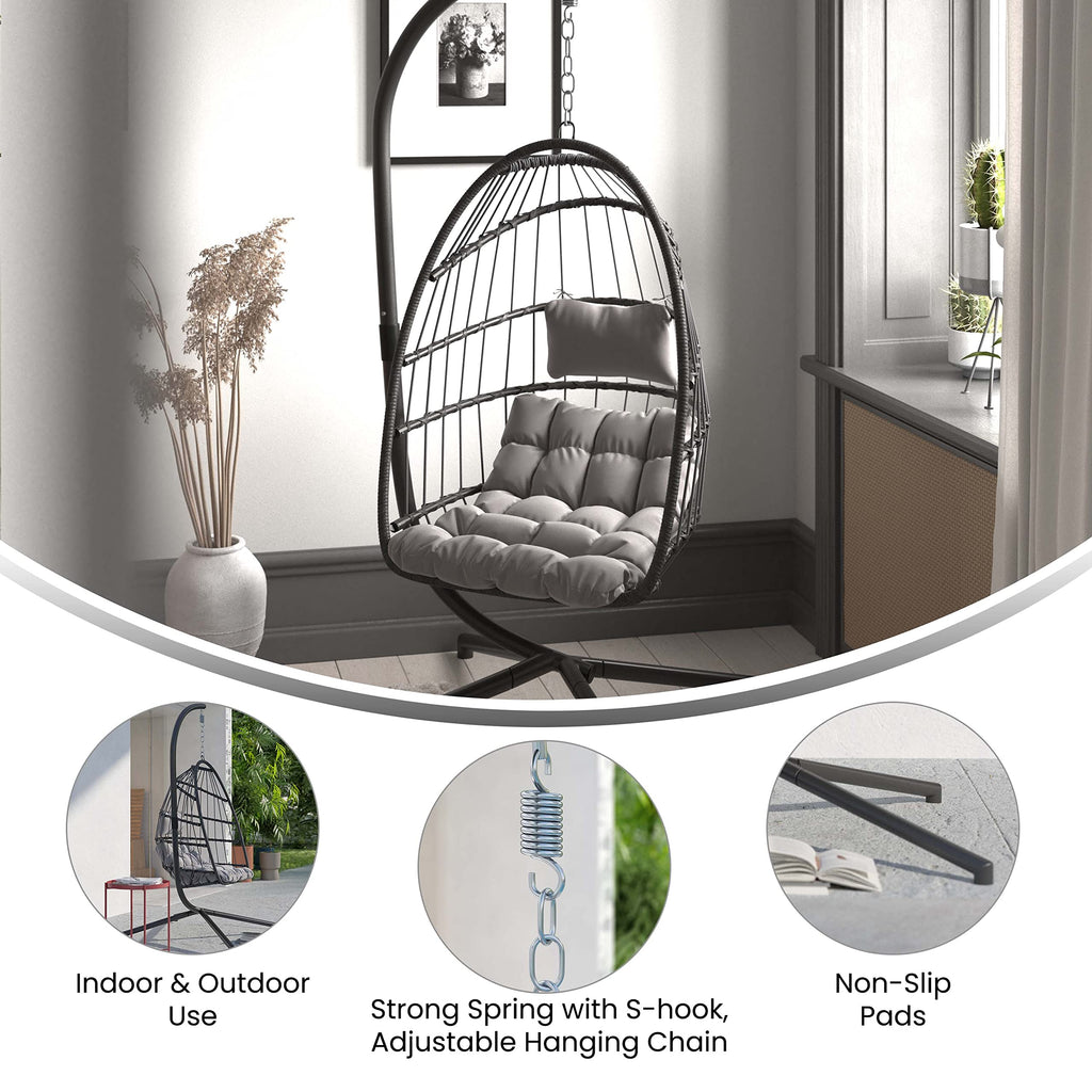 Flash Furniture Cleo Indoor/Outdoor Patio Hanging Egg Chair - Gray Frame With Gray Seat Cushions - Black Powder Coated C-Style Stand - Hanging Hardware Included