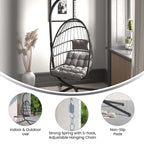 Flash Furniture Cleo Indoor/Outdoor Patio Hanging Egg Chair - Gray Frame With Gray Seat Cushions - Black Powder Coated C-Style Stand - Hanging Hardware Included