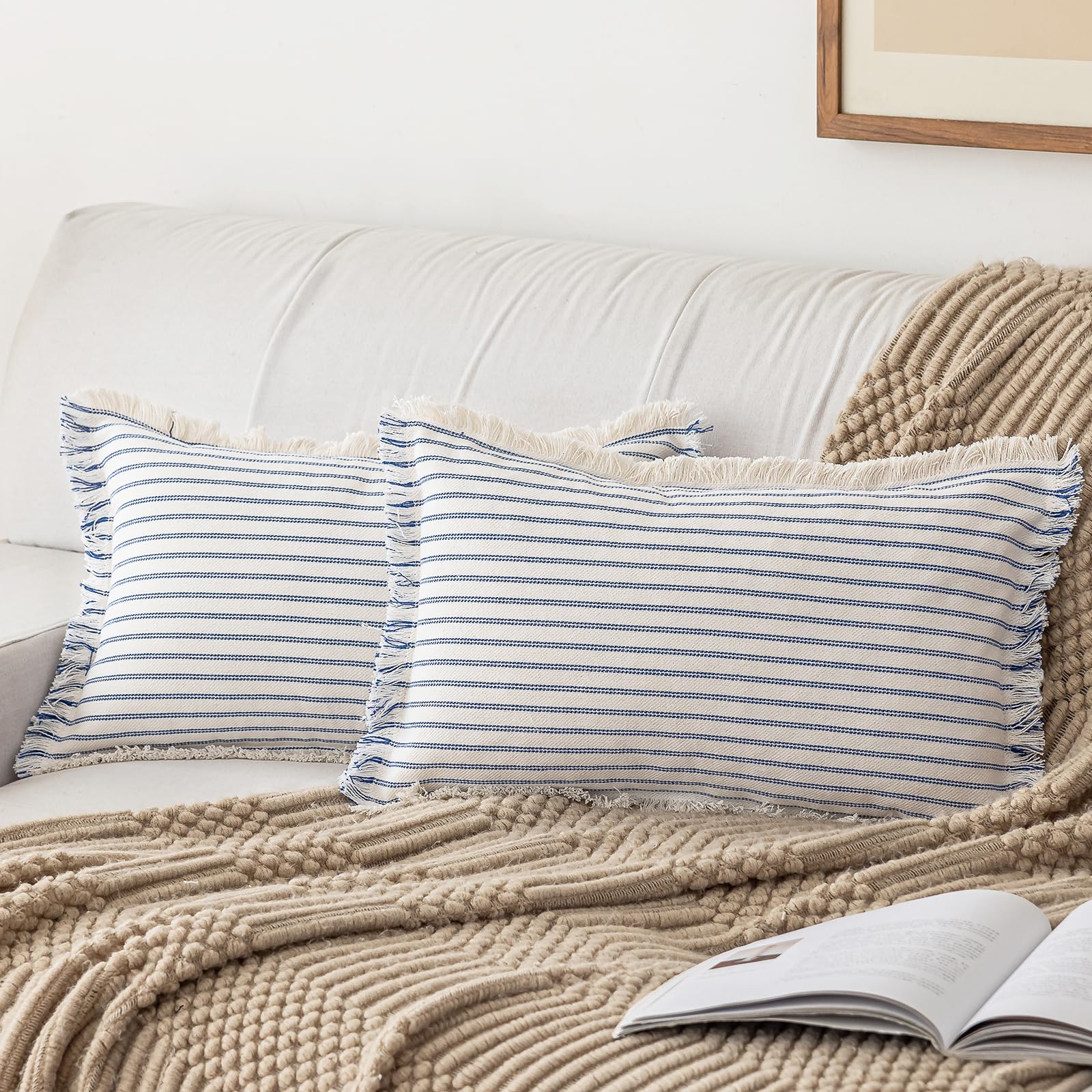 YEENAASY Striped Farmhouse Throw Pillow Covers 12X20 Set of 2 Boho Pillow Cover with Fringe Tassel Chic Cotton Decorative Pillow