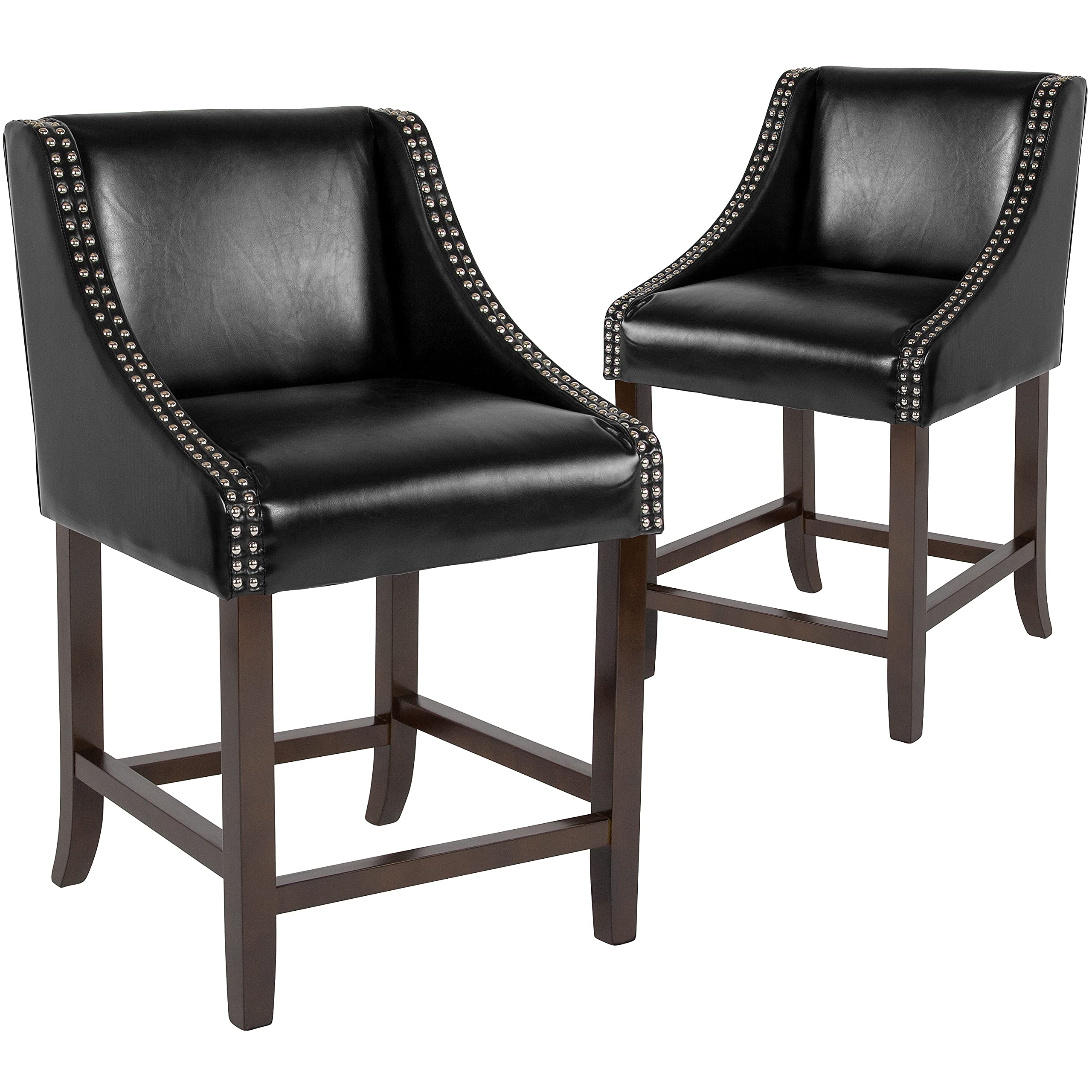 Flash Furniture Carmel Series 24' High Transitional Walnut Counter Height Stool With Nail Trim In Black Leathersoft, Set Of 2