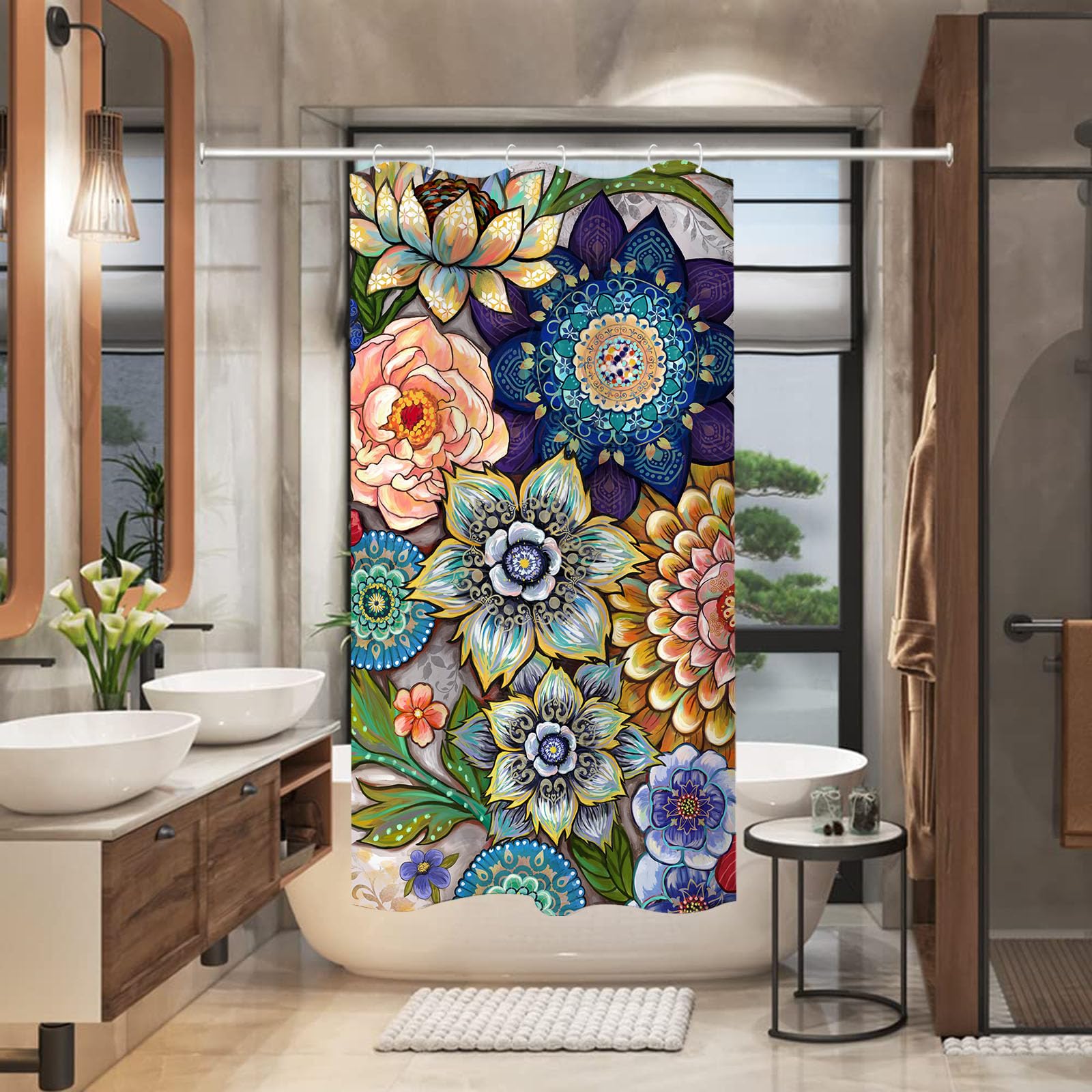 Neasow Boho Floral Shower Curtains For Bathroom, Bright Fabric Blossom Shower Curtain, Multi Color 36'  72'