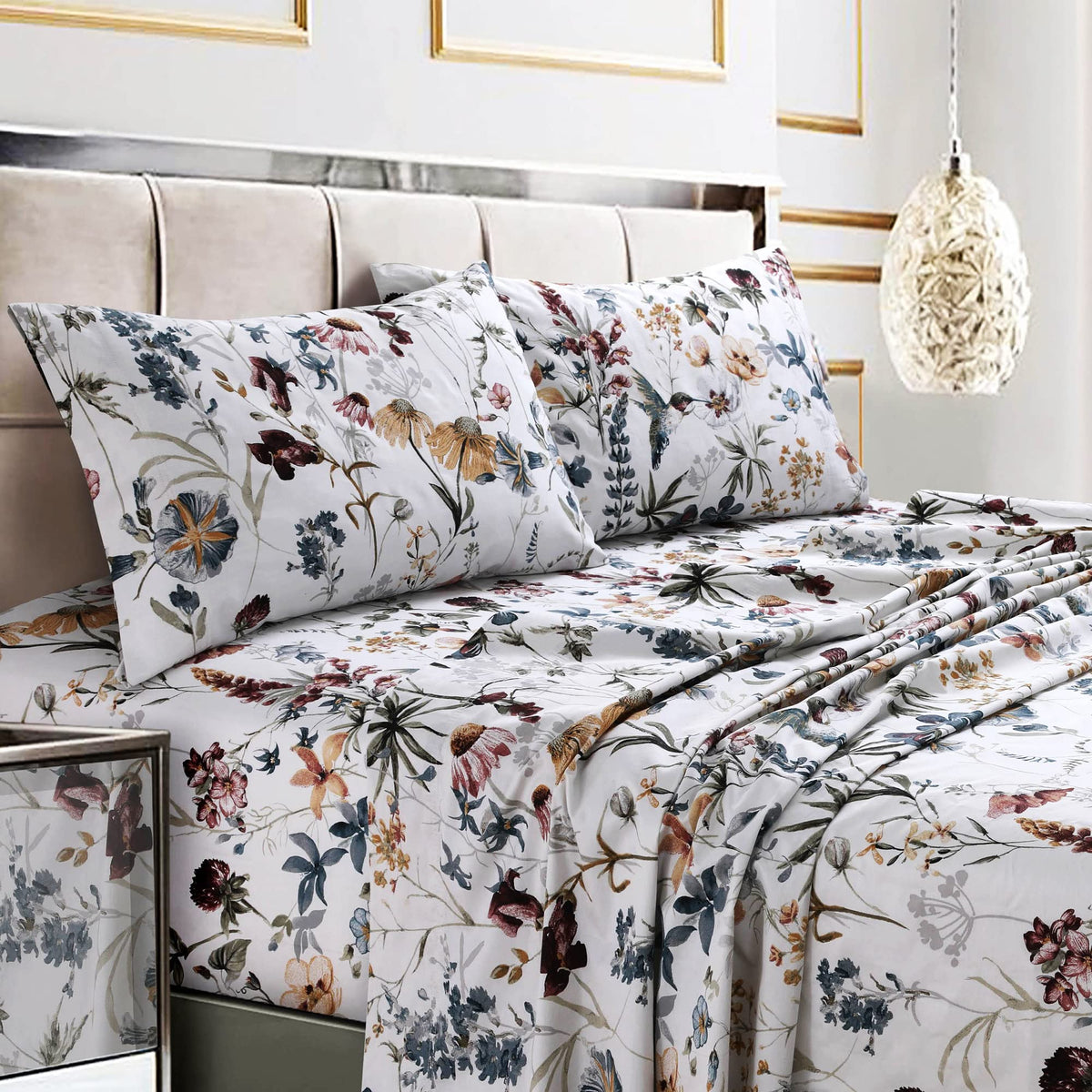 Tribeca Living Queen Bed Sheet Set Queen, Soft Cotton Sateen Printed Sheets Floral Print, Extra Deep Pocket, 300 Thread Count, 4